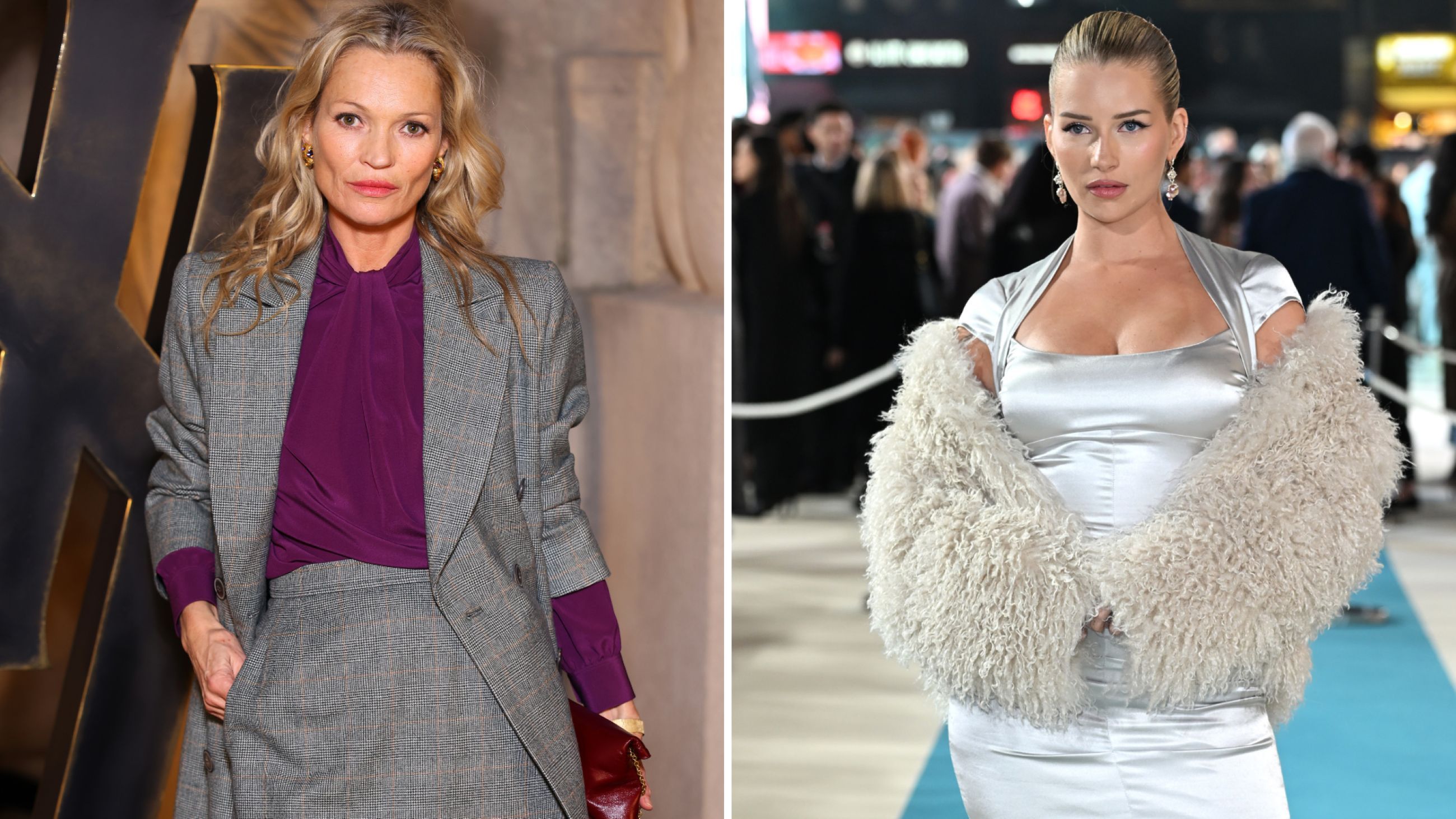 A sinistra: Kate Moss alla sfilata Saint Laurent FW26-2027; A destra: Lottie Moss alla proiezione di gala europea di Amazons: CRIME 101 - Credits Getty Images