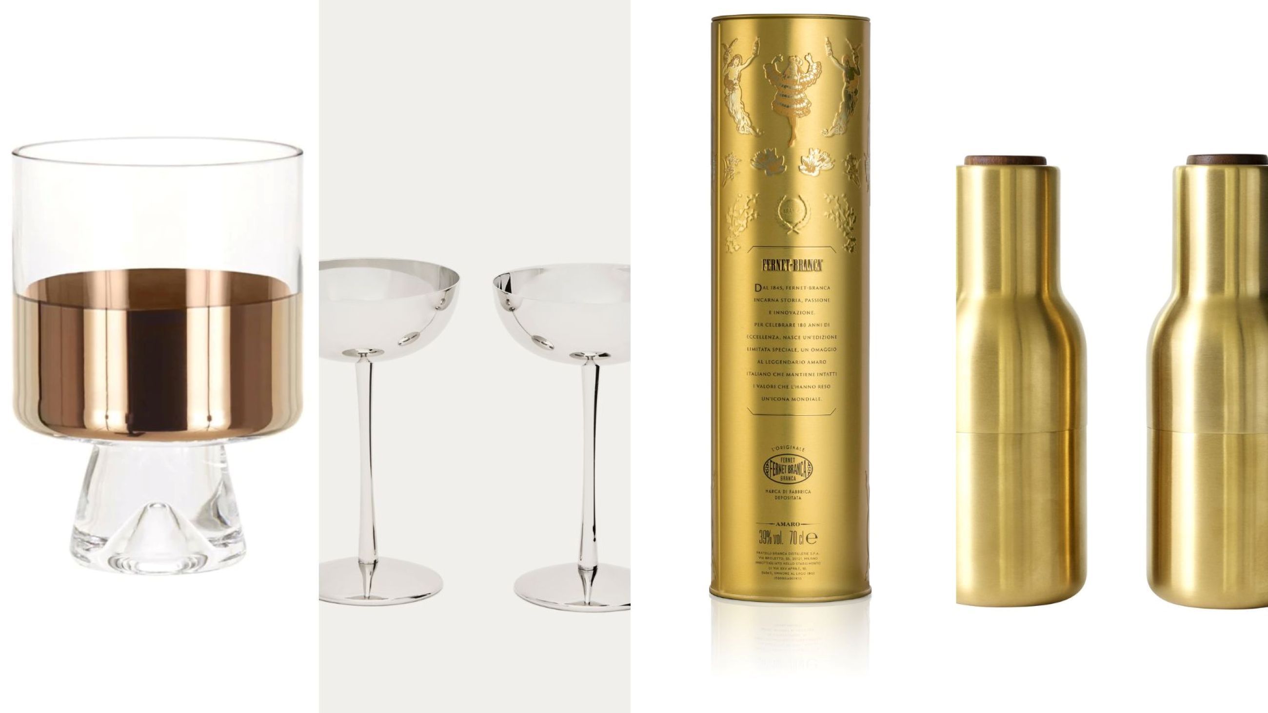 Tank Low Ball; Set di 2 bicchieri Nirela di Kave Home; Fernet-Branca Gold Limited Edition; Bottle Grinder design Norm Architects per Audo Copenhagen - Credits: Courtesy Press Office