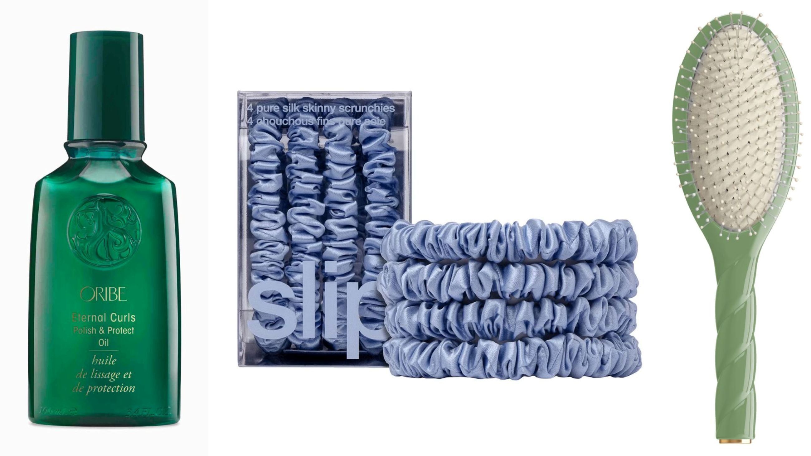 Oribe, Eternal Curls Polish Protect Oil; Slip, Silk Scrunchies; La Bonne Brosse, Spazzola - Credits: Courtesy Press Office