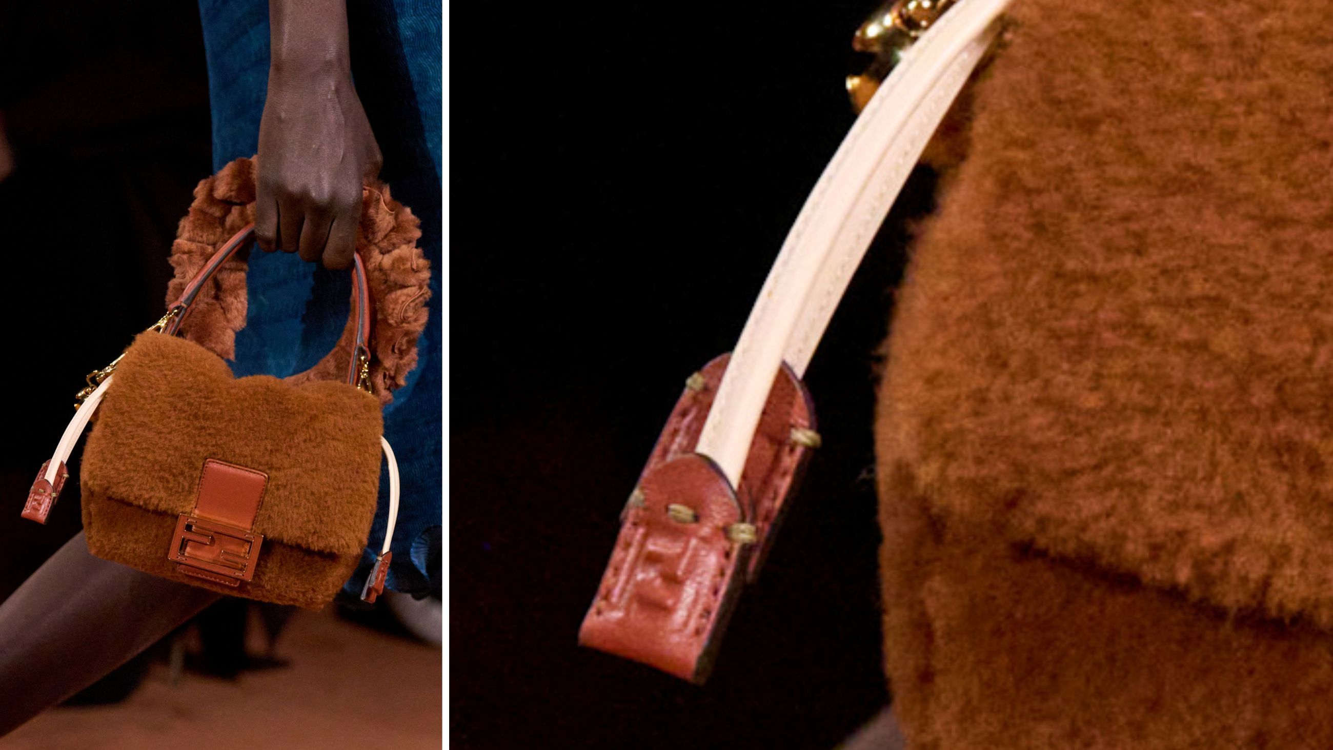 La borsa Mamma Baguette Small, dalla sfilata di Fendi FW2526; a destra, un focus sui dettagli degli inserti in pelle - Credits: Launchmetrics.com/Spotlight
