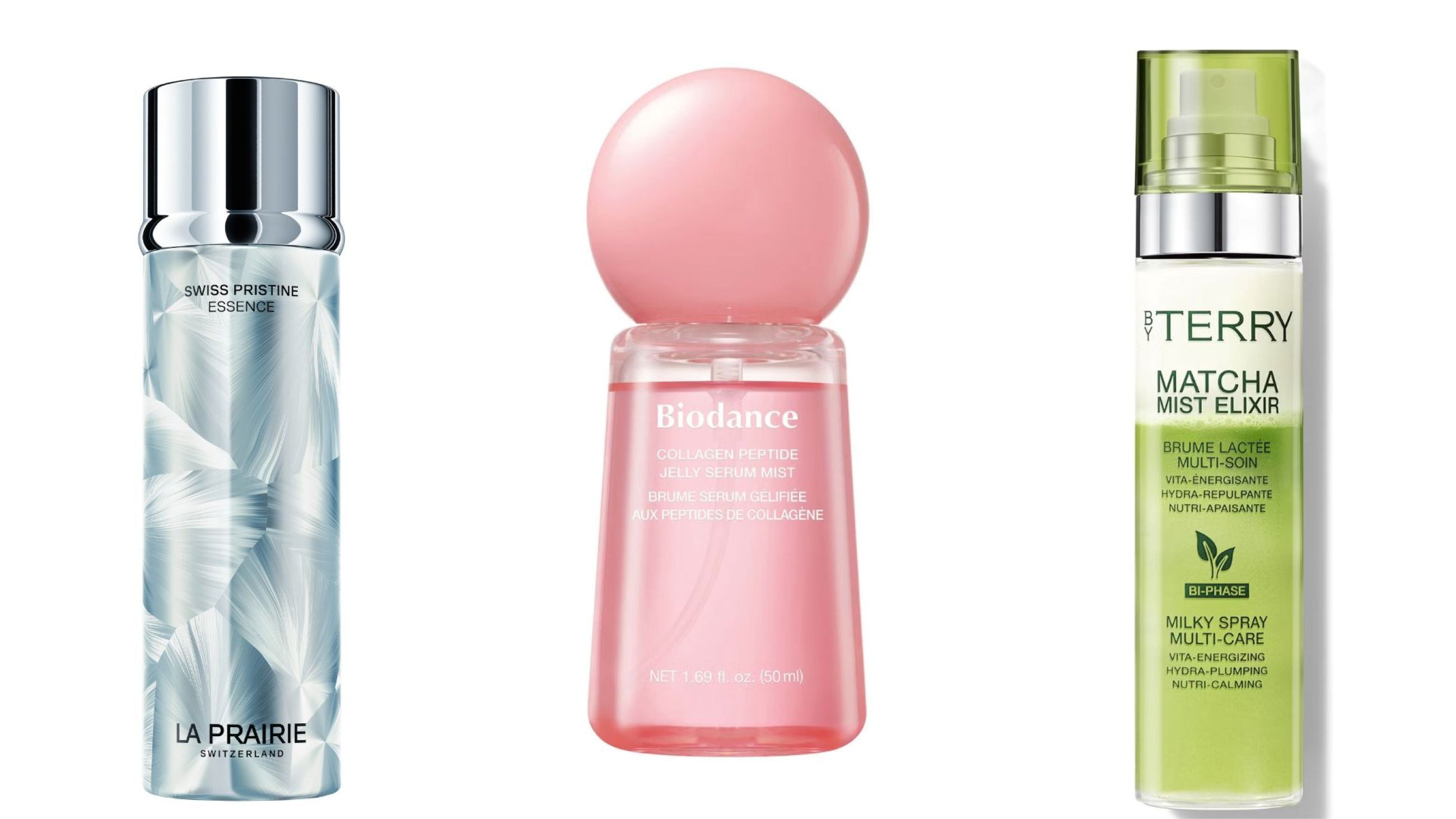 La Prairie, Swiss Pristine Essence; Biodance, Collagen Peptide Jelly Serum Mist; By Terry, Matcha Mist Elixir - Credits: Courtesy Press Office