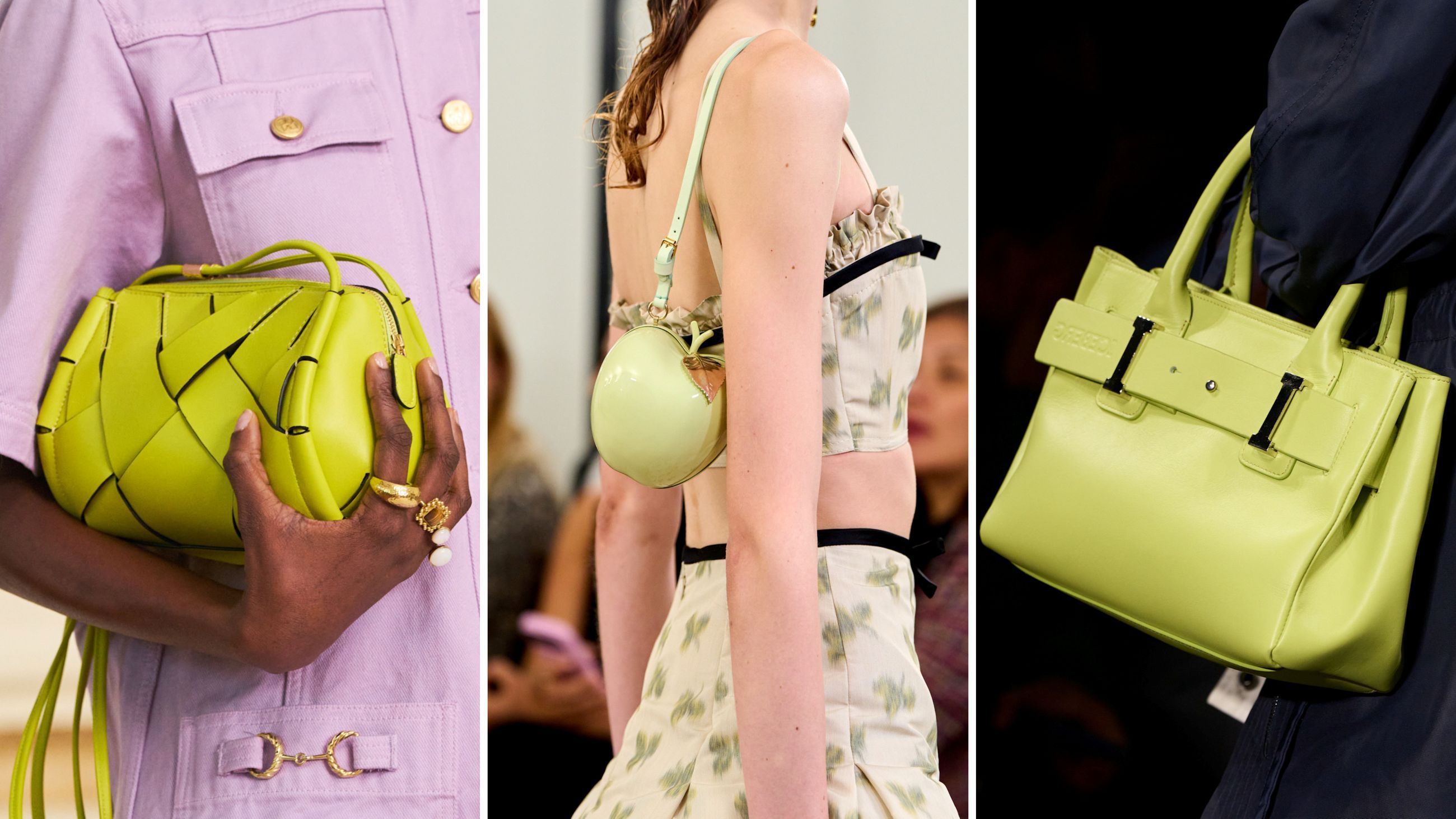 Dalle sfilate PE26: le borse verde lime accendono i look. Da sinistra, creazioni firmate Ulla Johnson, Giambattista Valli ed Iceberg - Credits: Launchmetrics.com/Spotlight