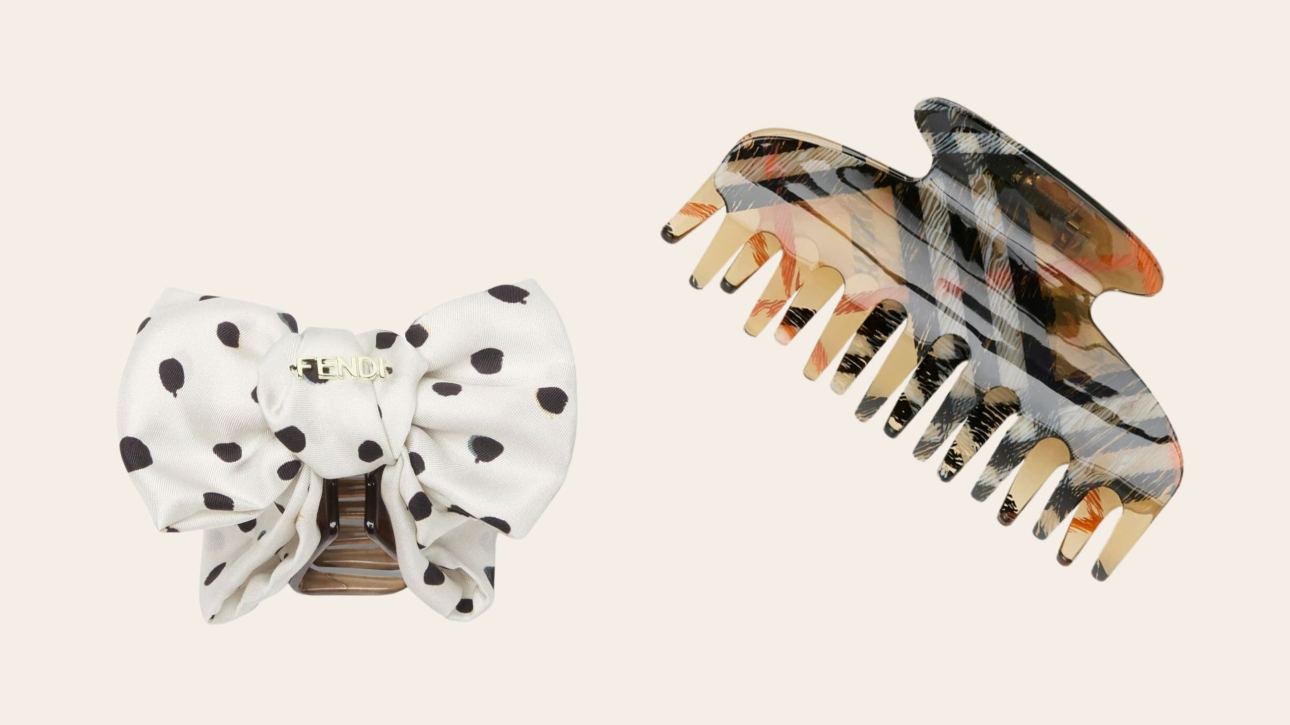 Mollettoni per capelli dalle fantasie più diverse: a sinistra un fiocco a pois firmato Fendi e a destra un modello che riporta la stampa iconica di Burberry - Credits: www.fendi.com, www.burberry.com 