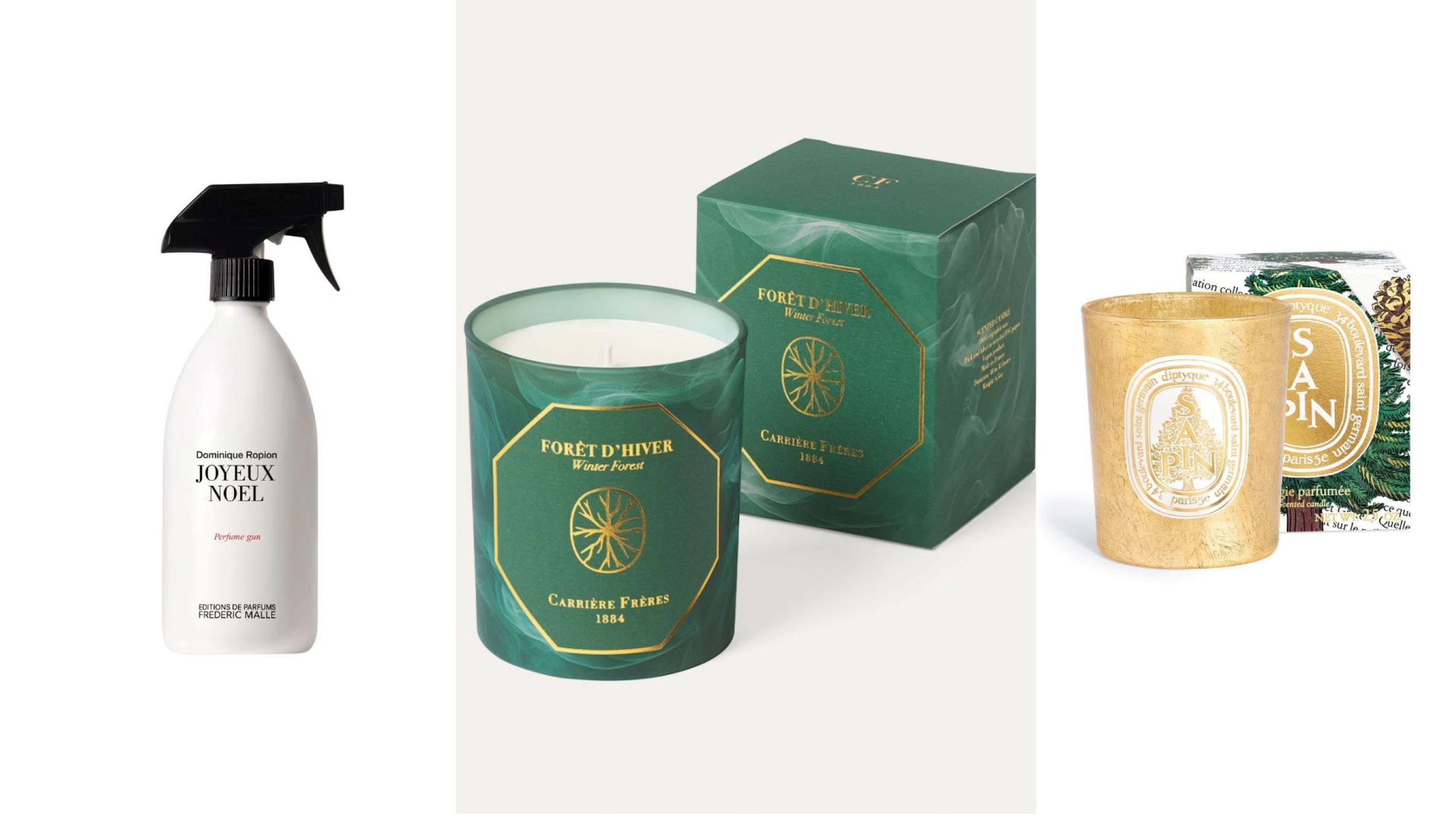 Da sinistra: Frederic Malle, Joyeux Noel Perfume Gun; Carrières Frères, Winter Forest; Diptyque, Candela Sapin - Courtesy Press Office
