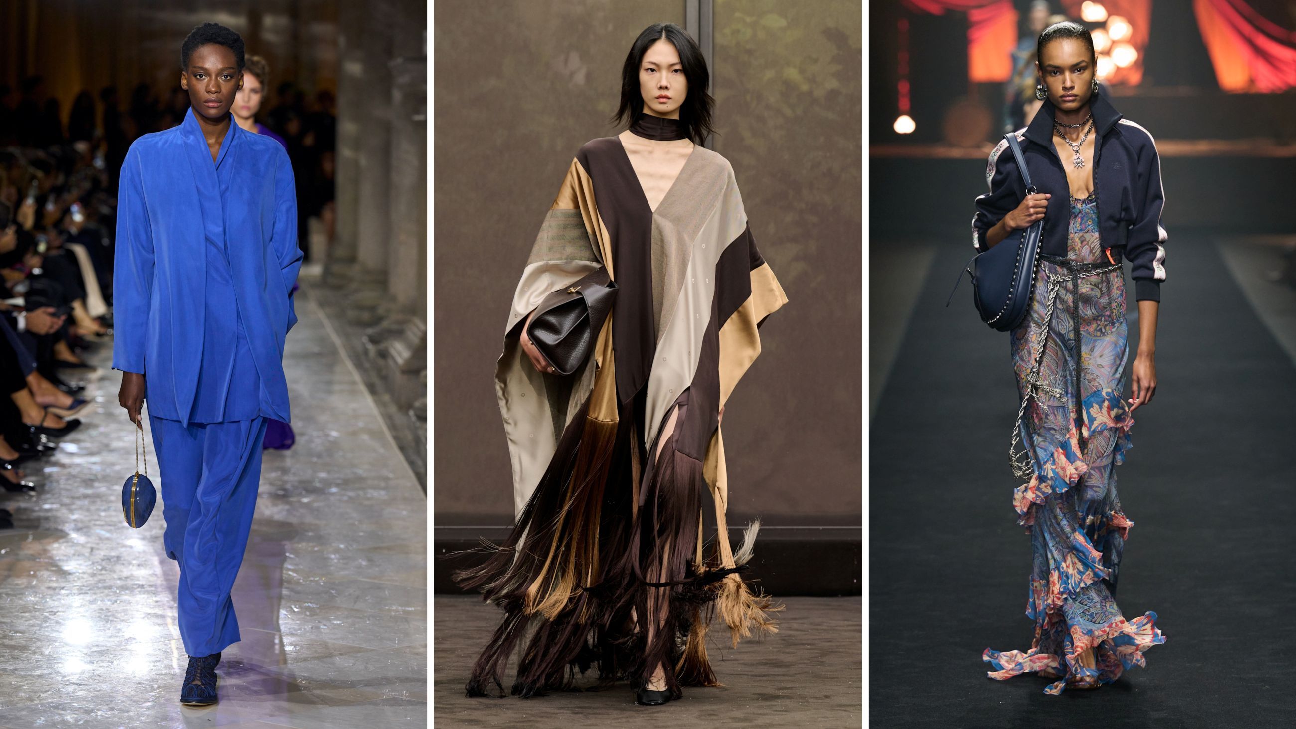 Le serate al mare sono pronte per essere vissute con stile tra completi e kaftani ricchi di charme. Dalle collezioni PE26: da sinistra mise Giorgio Armani; Ferragamo; Etro - Credits: Launchmetrics.com/Spotlight