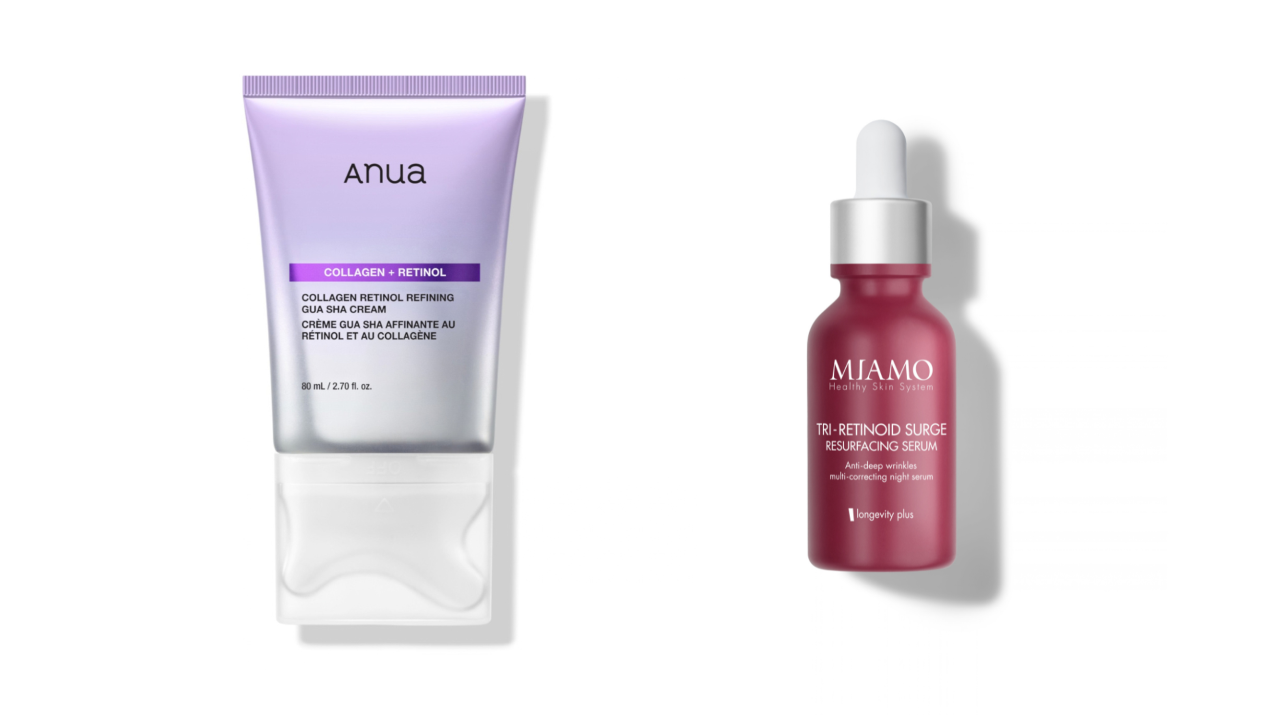 Da sinistra: Anua, Collagen + Retinol Gua Sha Cream; Miamo, Tri-Retinoid-Serum - Courtesy Press Office