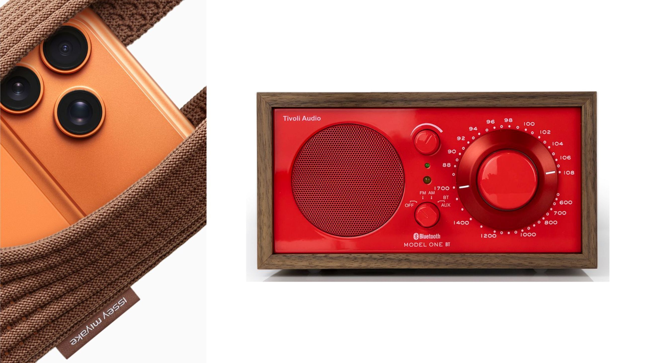 Da sinistra: iPhone Pocket, Apple x ISSEY MIYAKE. Courtesy Iphone e ISSEY MIYAKE; Tivoli Audio Model One BT - Courtesy Tivoli Audio 