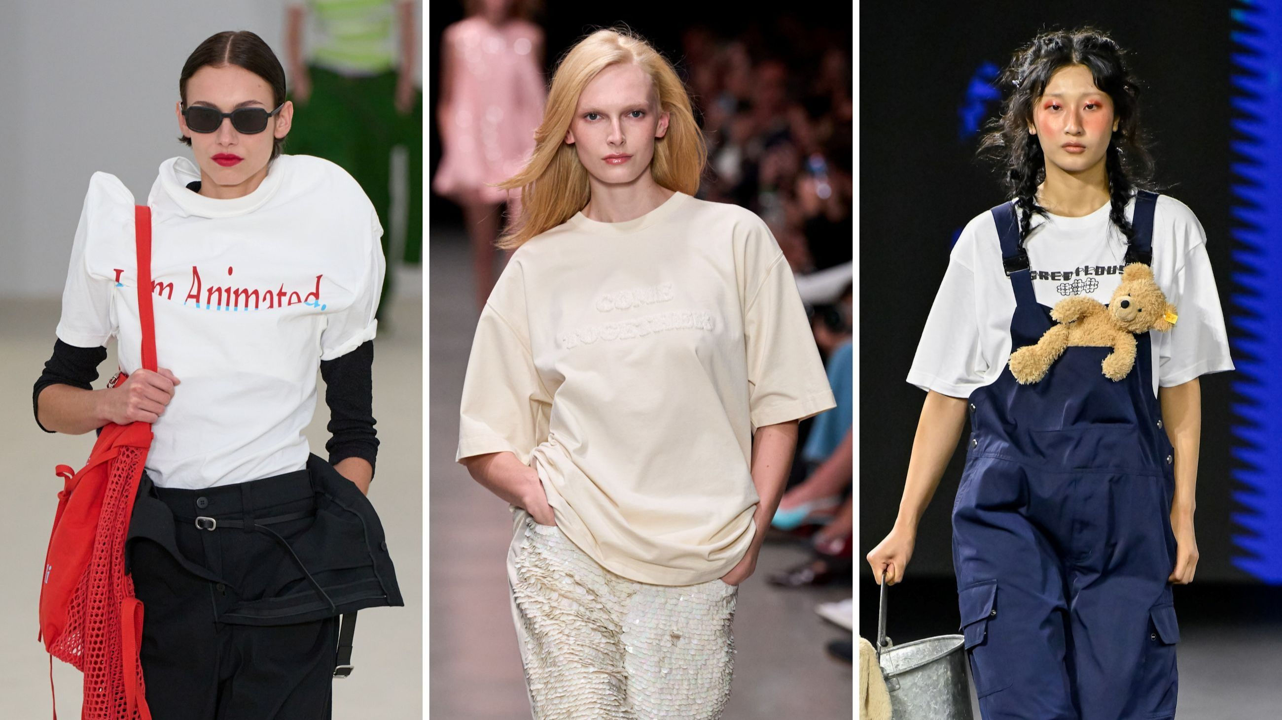 Sulle passerelle PE26, da sinistra, outfit di Issey Miyake, Stella McCartney e Greedilous - Credits: Launchmetrics.com/Spotlight