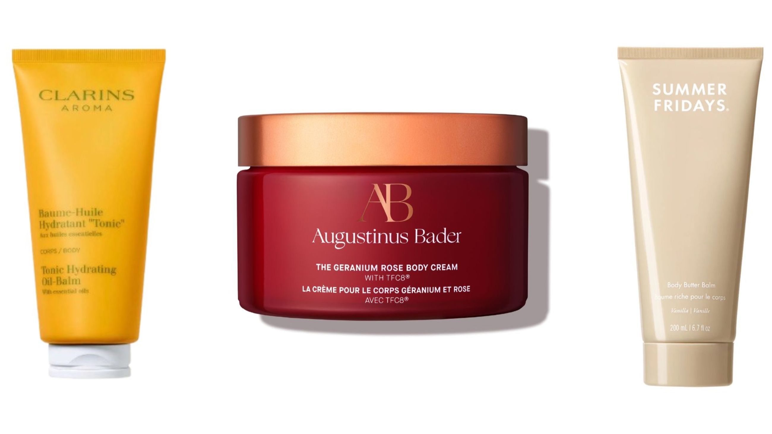 Clarins, Tonic Hydrating Oil to Balm; Augustinus Bader, The Geranium Rose Body Cream; Summer Fridays, Body Butter Balm - Credits: Courtesy Press Office