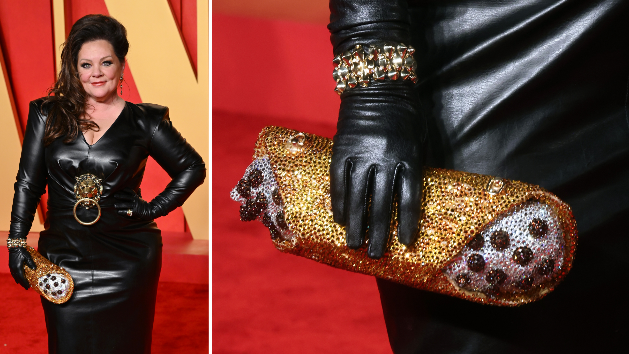 Melissa McCarthy e la borsa a cannolo del esigner Kinza Winza, poi personalizzata dall’artista Sophie Anzald
Credit: Getty Images