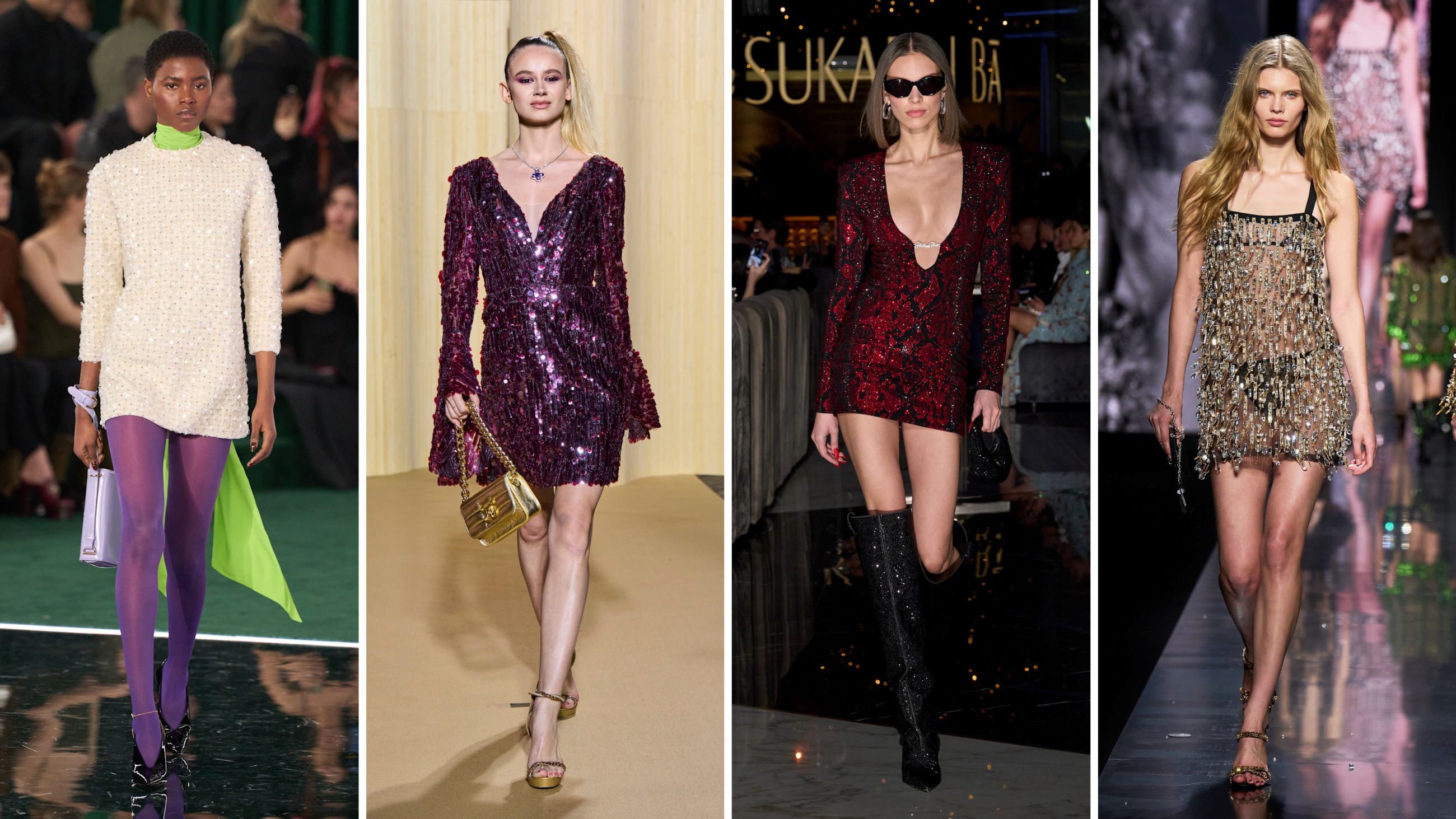 Da sinistra outfit dalle sfilate FW2526 di Gucci, Christophe Guillarmé, Philipp Plein e Dolce&Gabbana – Credits: Launchmetrics.com/Spotlight 