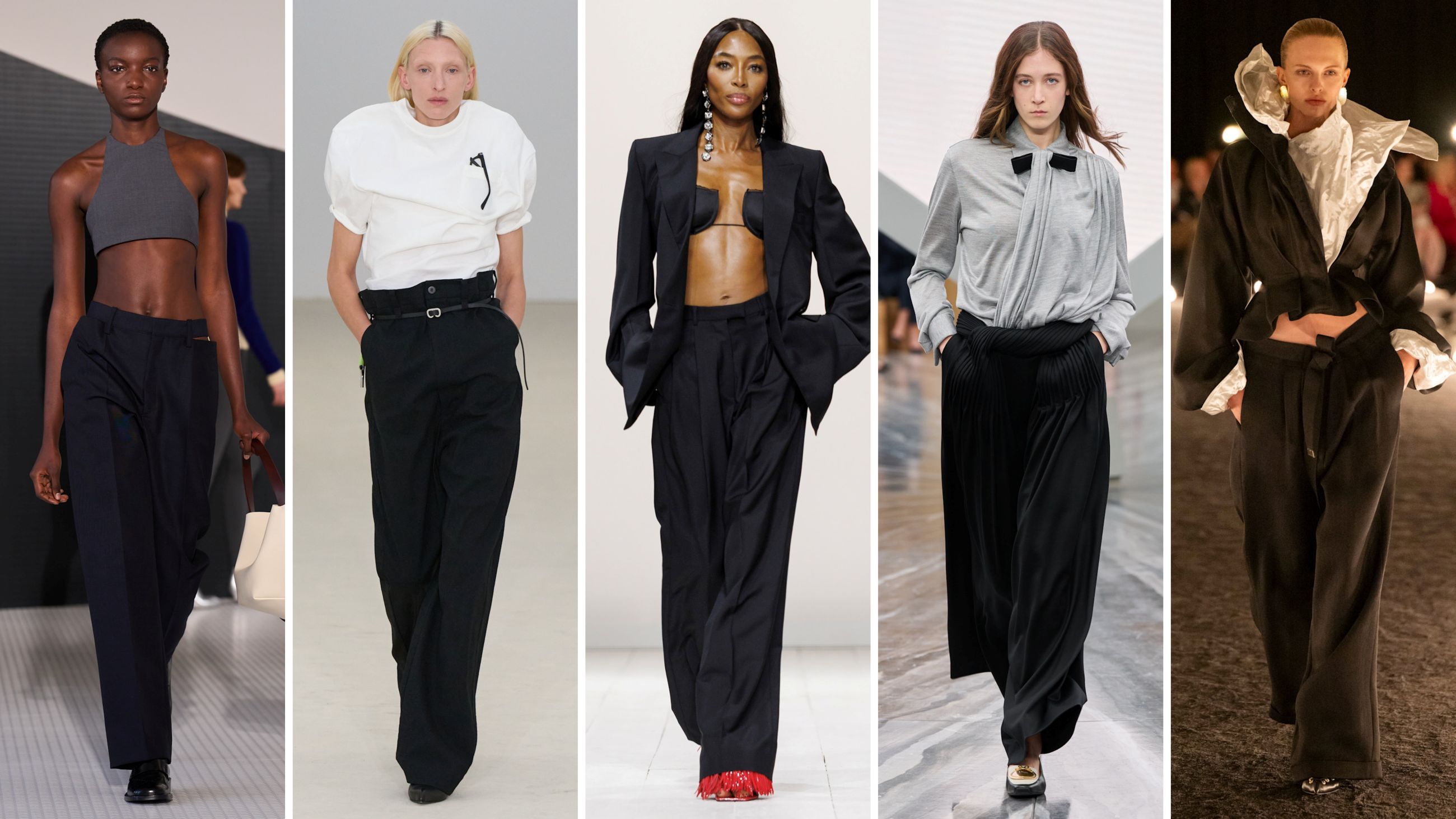 Da sinistra, look dalle collezioni PE26 di Jil Sander, Issey Miyake, Givenchy, Christian Dior e Schiaparelli - Credits: Launcmetrics.com/Spotlight