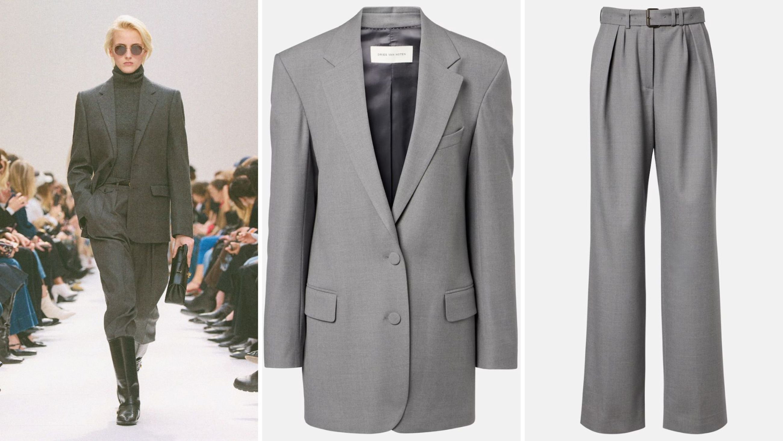 Celine FW26; Tailleur grigio di Dries Van Noten - Credits: Launchmetrics.com/Spotlight; Courtesy Press Office