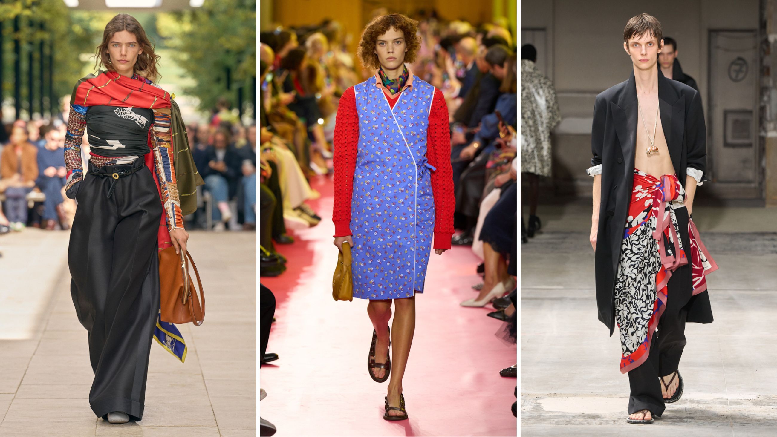 Da sinistra: Celine; Miu Miu; Dries Van Noten SS26 - Credits Launchmetrics.com/Spotlight