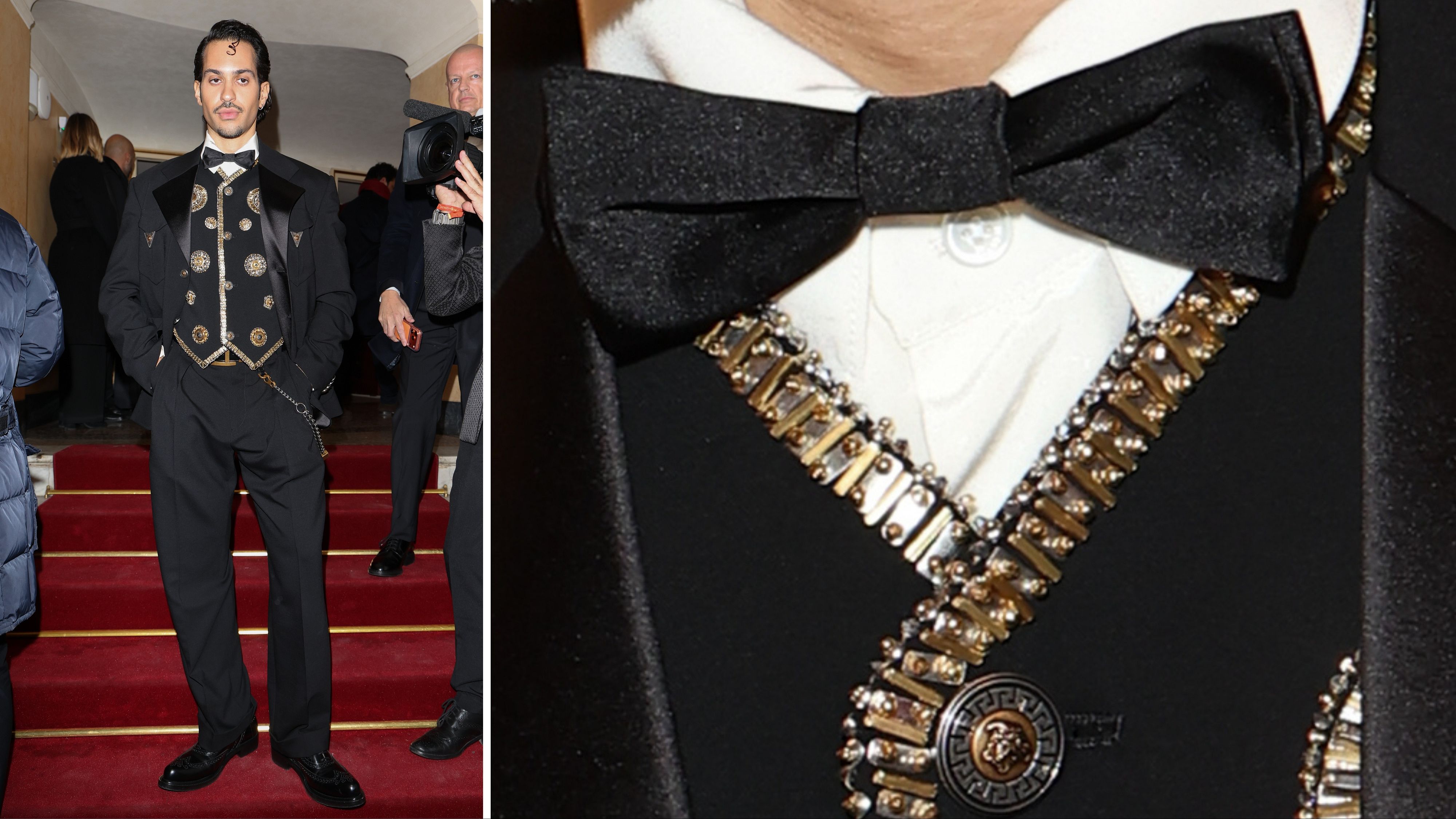 Il cantante Mahmood sfoggia un abito Versace per assistere alla Prima della Scala, un outfit in cui sono i dettagli a fare la differenza. Tra tutti spiccano il papillon di raso e gli elementi metallici con il simbolo iconico della maison, la testa di Medusa; Teatro Alla Scala, 7 dicembre 2025, Milano - Credits: Getty