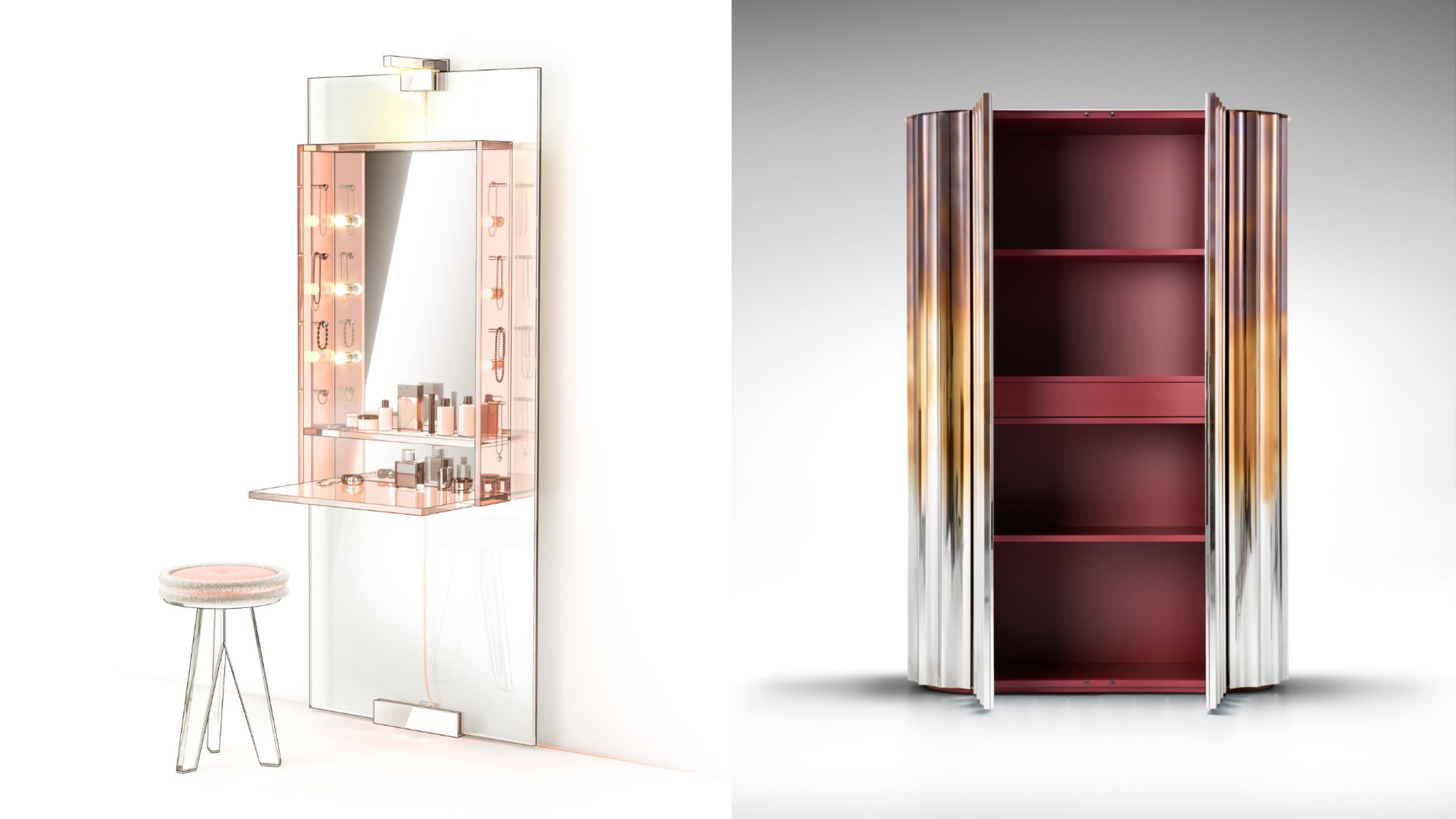 A sinistra: Glass Italia, PRIVATE WALLS di PhilippeStarck - Courtesy Glass Italia; a destra: De Castelli, Dorica Collection di FrancescoForcellin - Courtesy Alberto Parise 