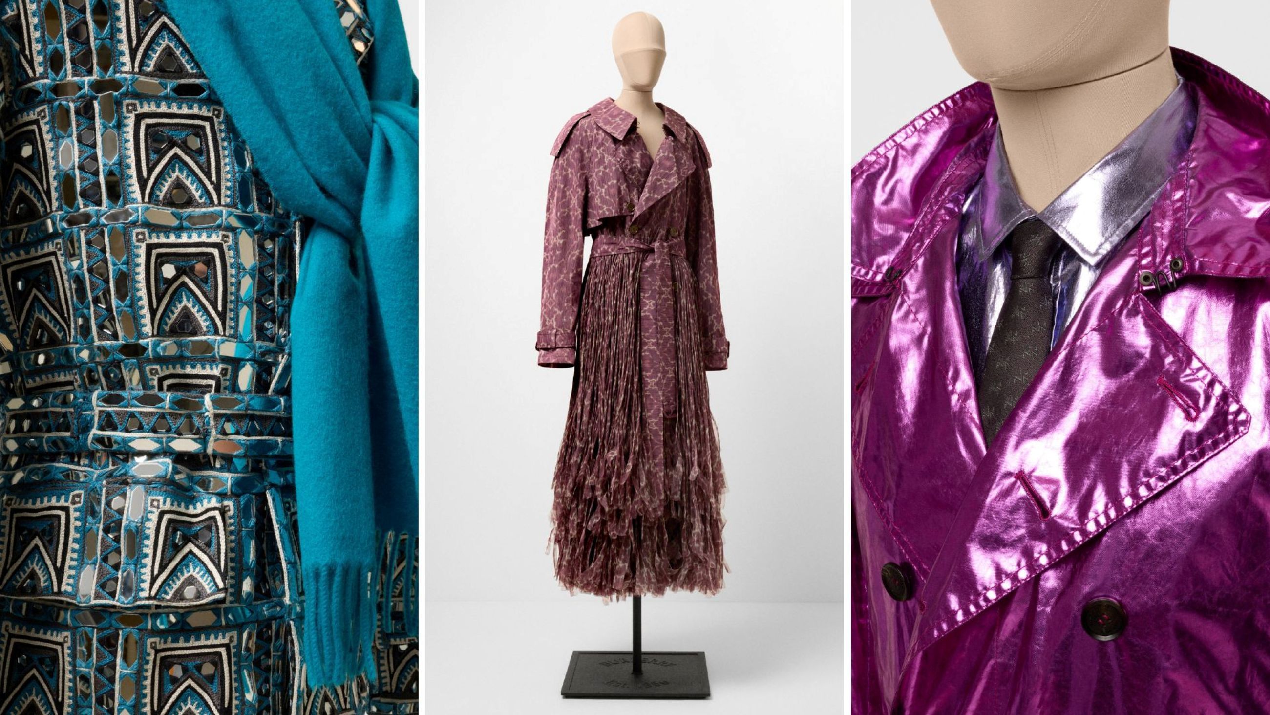 Trench da uomo con ricami a specchio, Autunno/Inverno 2015; trench da donna con frange e stampa barocca viola, Inverno 2025; trench da uomo in seta rosa effetto metallizzato, Primavera/Estate 2013 - Credits: Courtesy Press Office