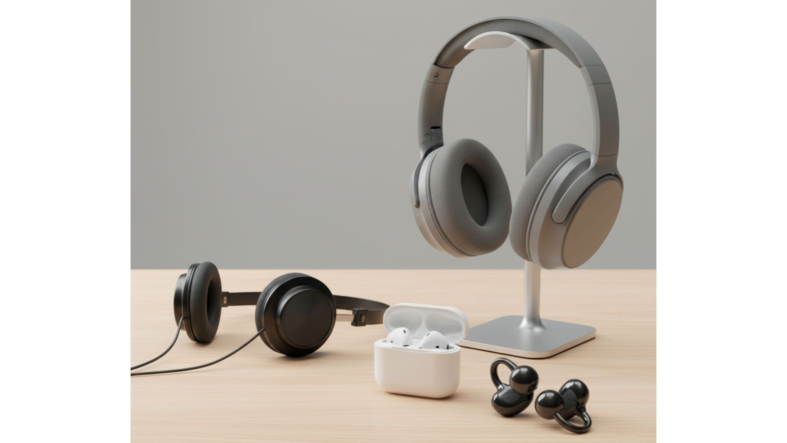 Da sinistra cuffie on-ear, in alto cuffie over-ear, in basso auricolari in-ear nella custodia e a lato la nuova tipologia di auricolari open-ear