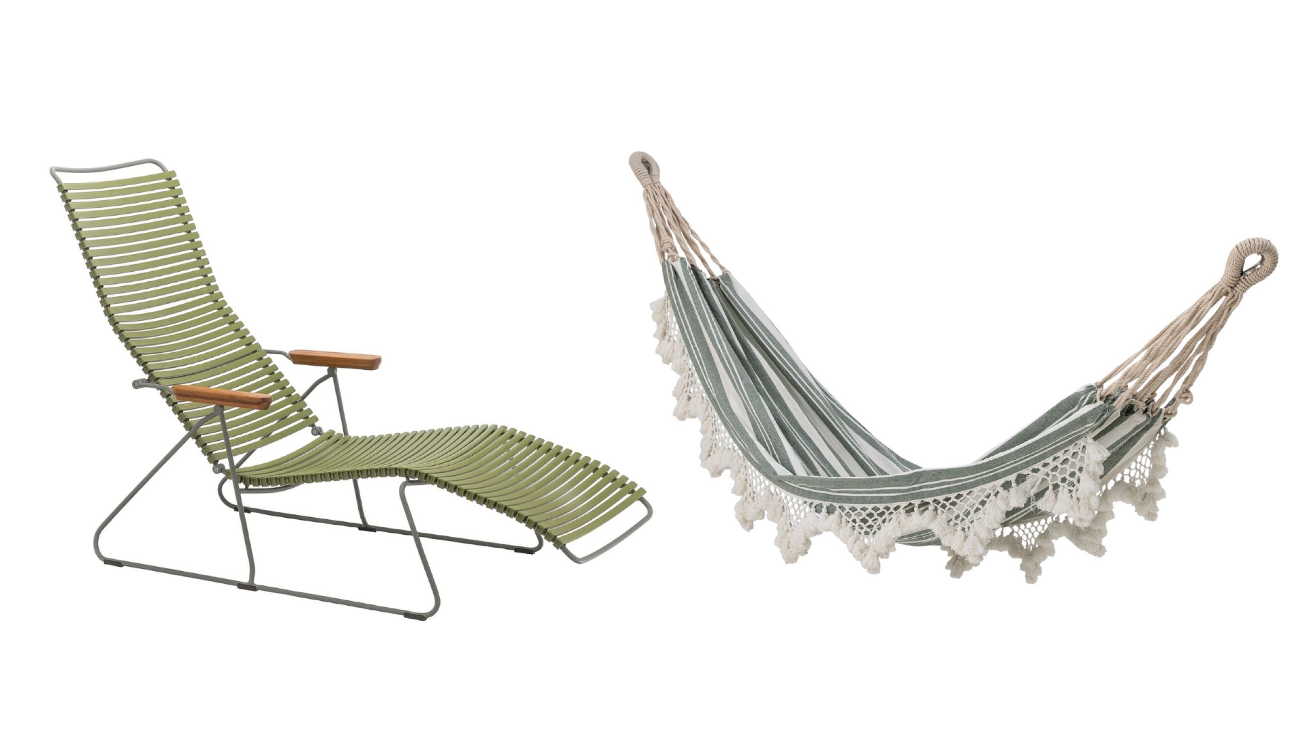Da sinistra: Sedia a sdraio Click di Houe - Courtesy Houe; Amaca Cruz di Bloomingville - Courtesy Bloomingville