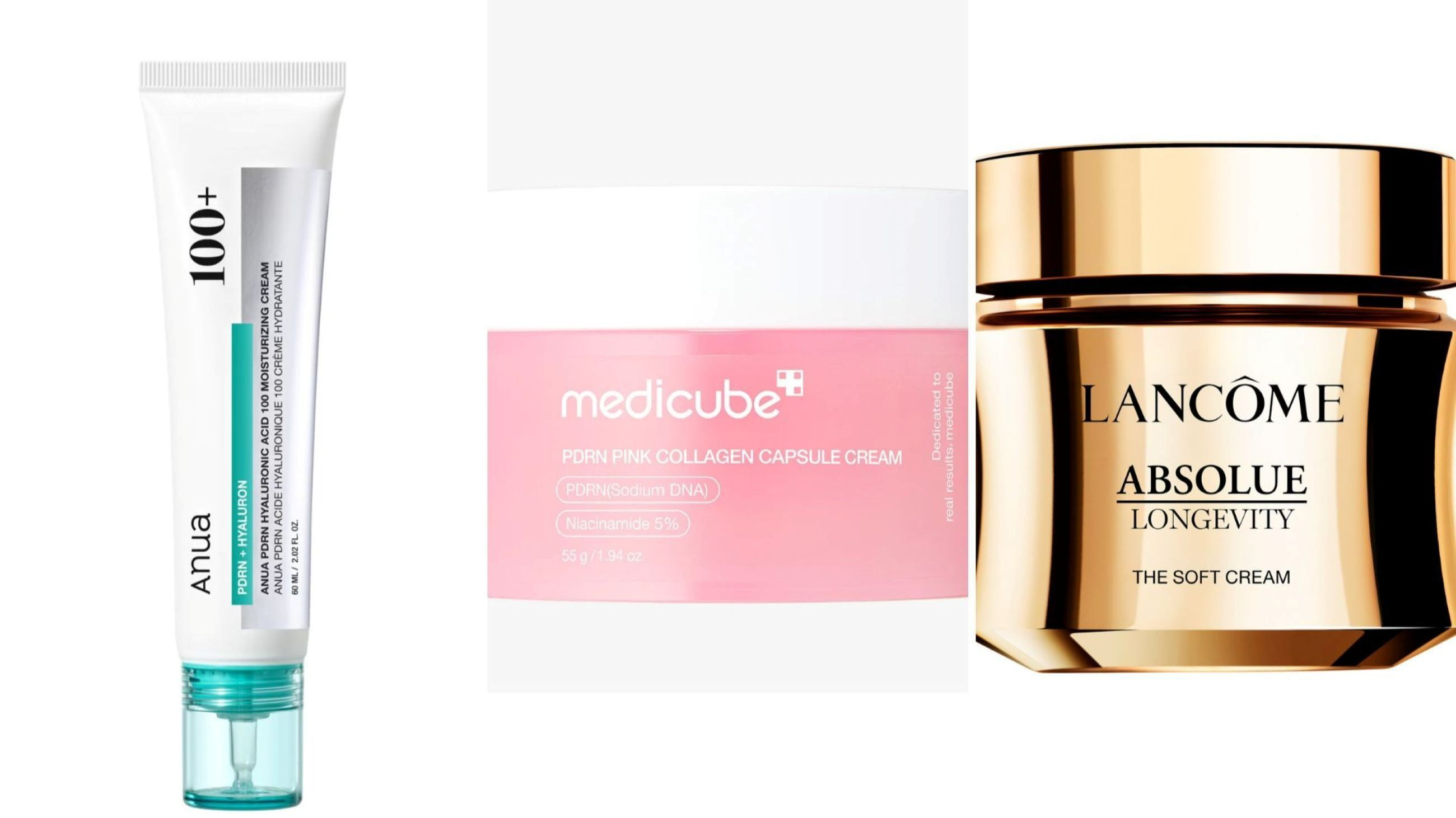 Anua, PDRN + Hyaluron Serum; Medicube, PDRN Pink Collagen Capsule Cream; Lancôme, Absolue Longevity Soft Cream - Credits: Courtesy Press Office