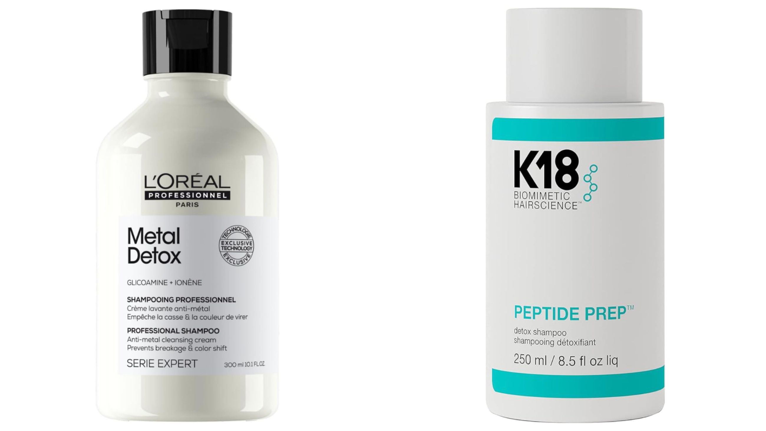 Da sinistra: L'Oreal, Metal Detox Shampoo Professionale; K18, Peptide Prep Detox Shampoo - Courtesy Brand/Press Office