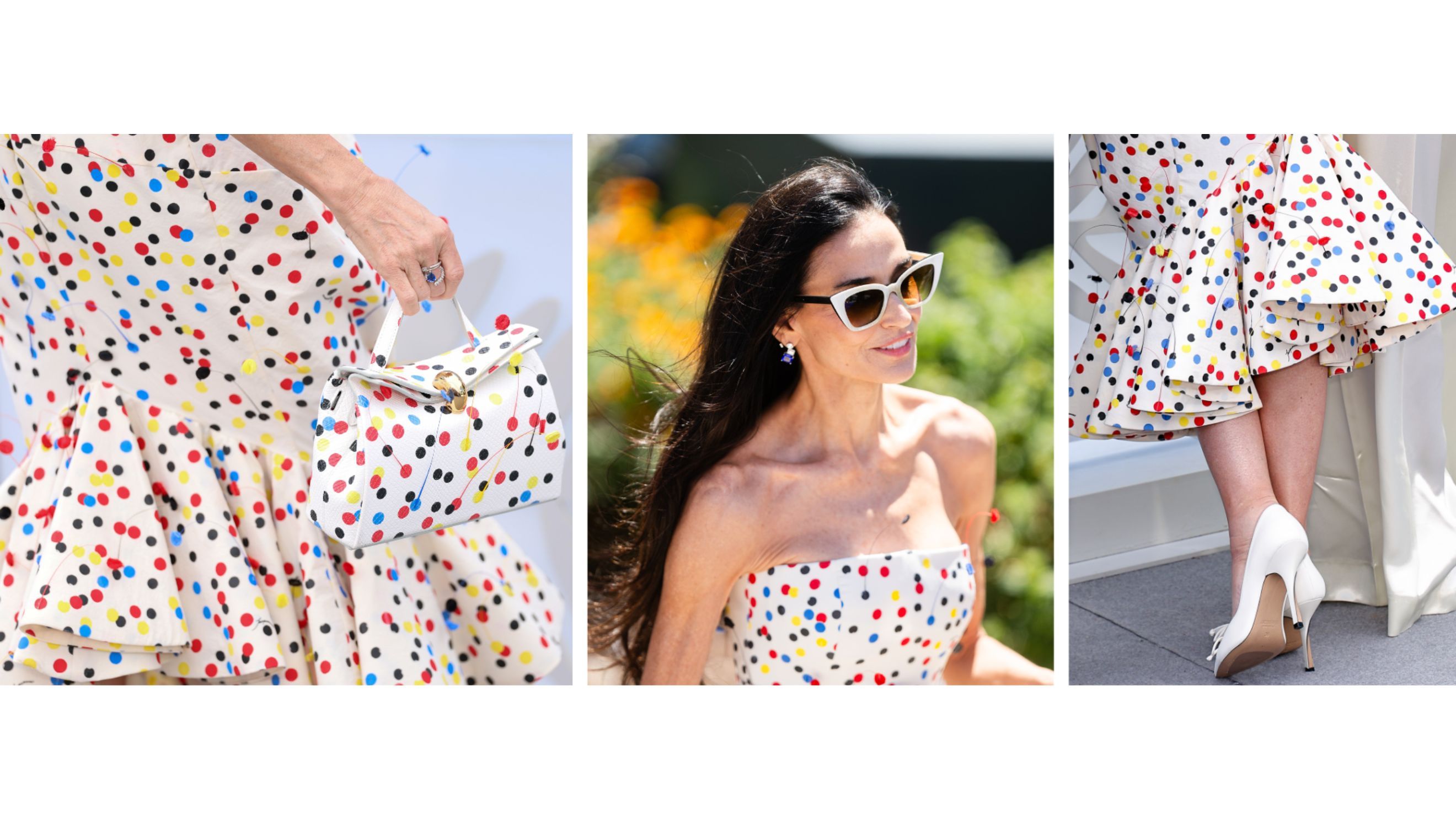 Da sinistra: Demi Moore, dettaglio della borsa, durante il 79º Festival di Cannes, 2026; Demi Moore posa durante il 79° Festival del Cinema di Cannes, 2026; Demi Moore, dettaglio delle scarpe, durante il 79º Festival di Cannes, 2026 - Credits Getty Images