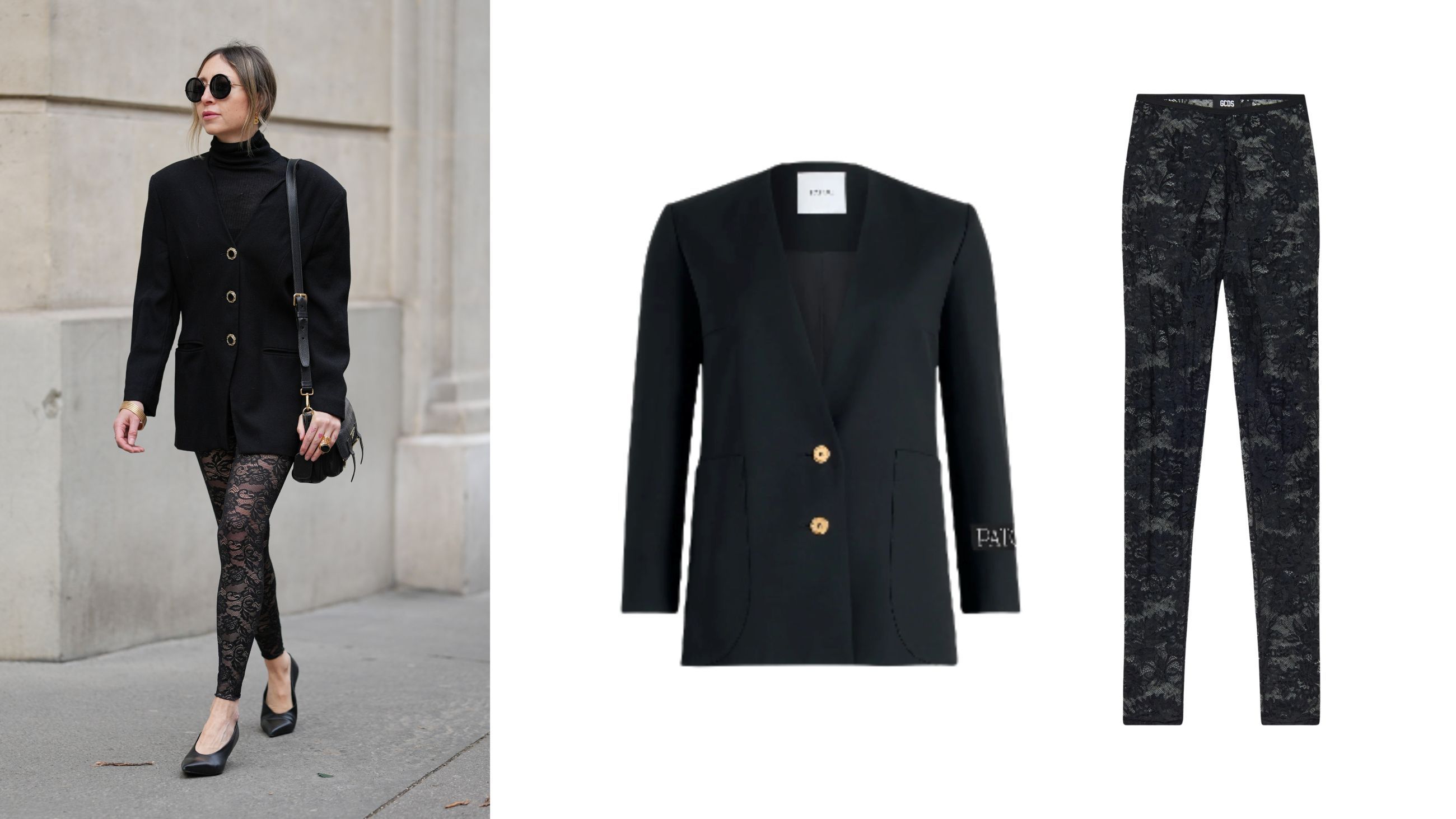 Da sinistra: Street style - Credits: Getty; Blazer Patou, leggings GDCS