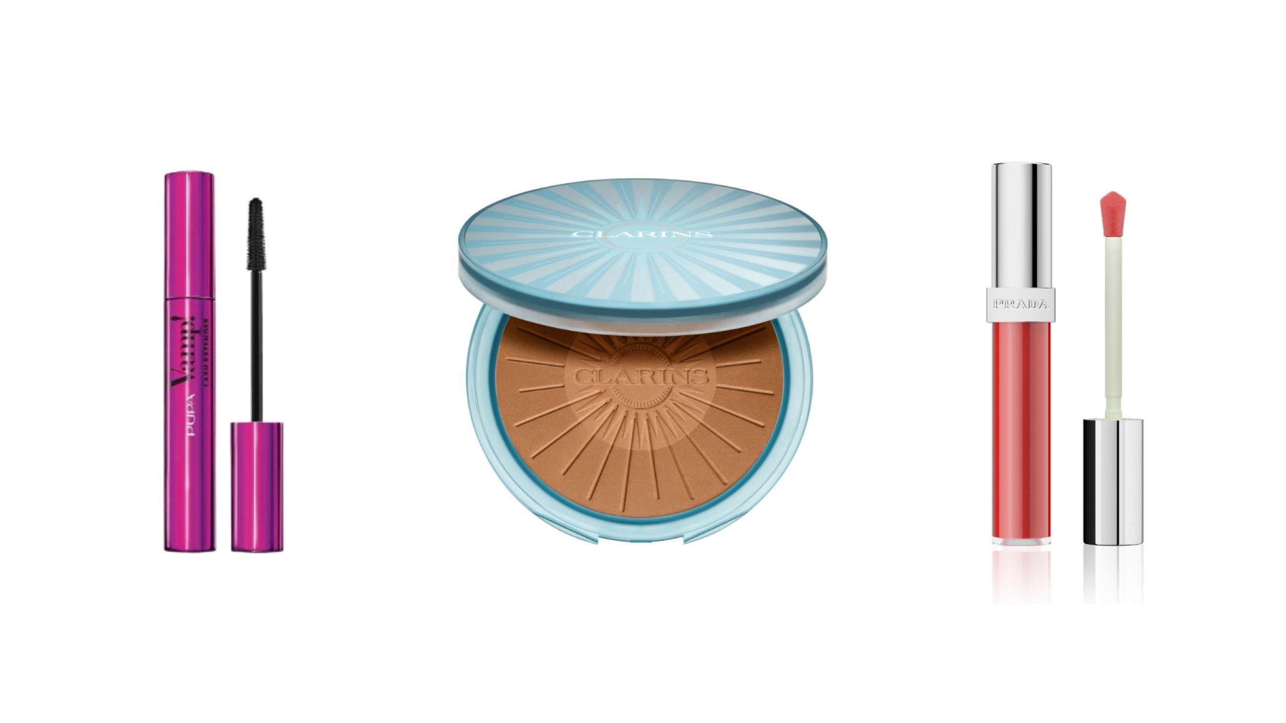 Da sinistra: Pupa, Vamp! Mascara Lash Extender; Clarins, Cryo Bronzing Powder; Prada, Reflection Gloss - Courtesy Press Office