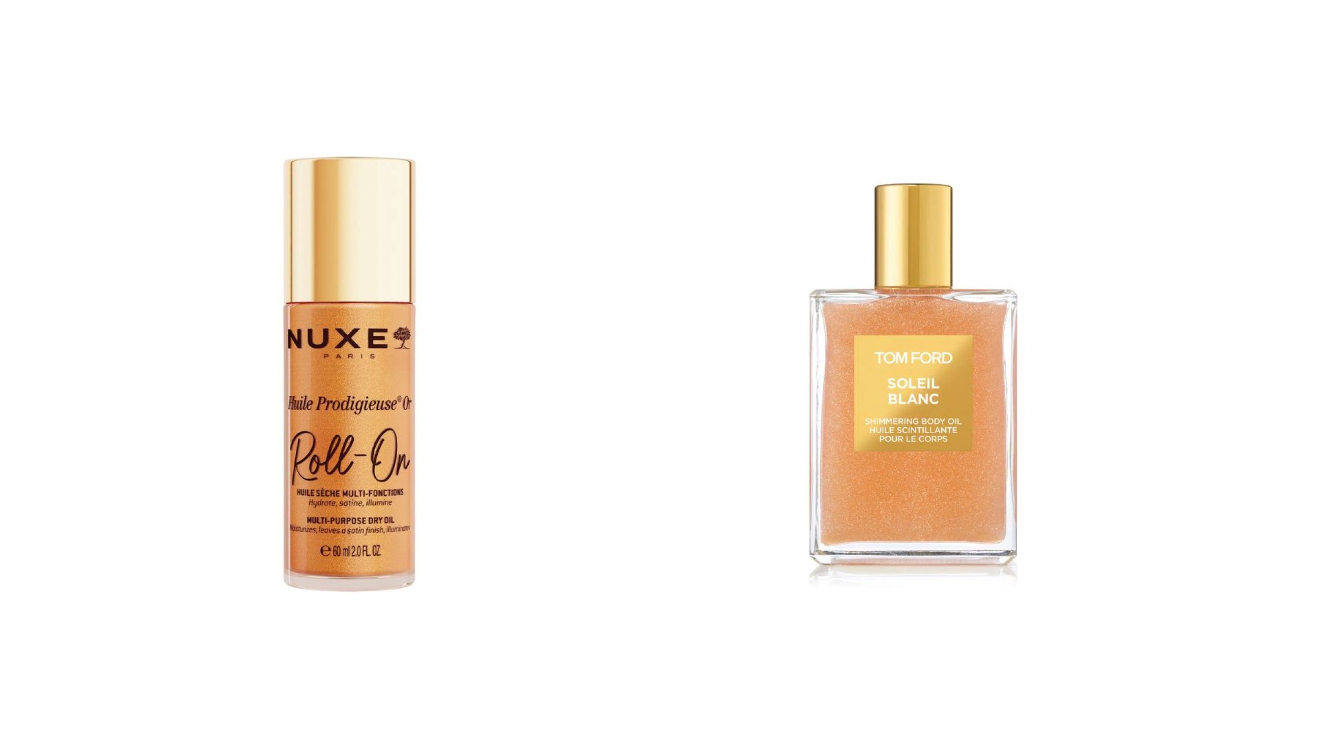 Nuxe, Huile Prodigieuse Or Roll-On; Tom Ford, Soleil Blanc Shimmering Body Oil - Credits: Courtesy Press Office