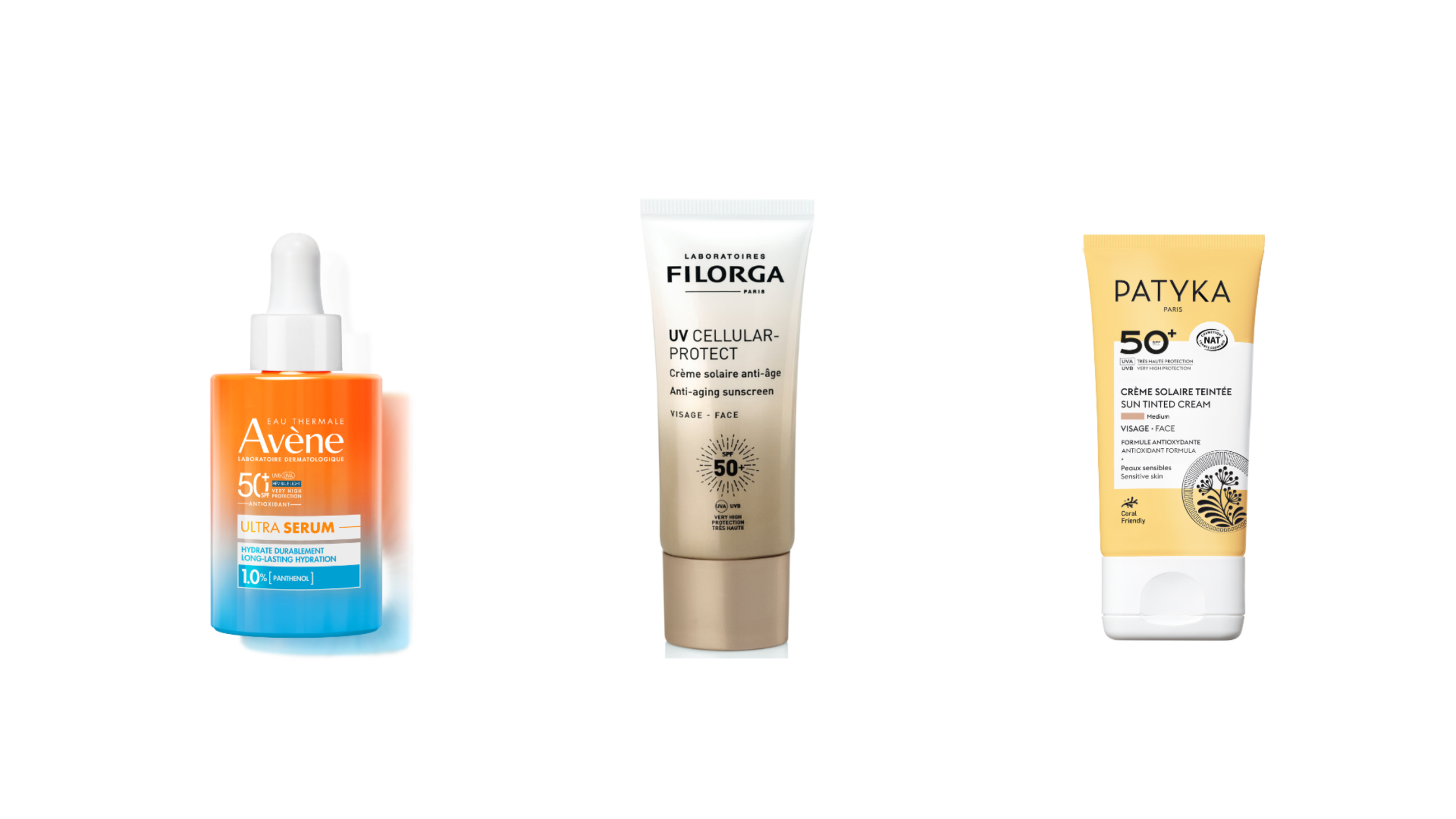 Da sinistra: Avène, Ultra Siero SPF50+ IdratanteAvène, Ultra Siero SPF50+ Idratante; Filorga, UV Cellular Protect Crème solaire anti-âge visage; Patyka, Crema Solare Colorata SPF50+ - Courtesy Press Office
