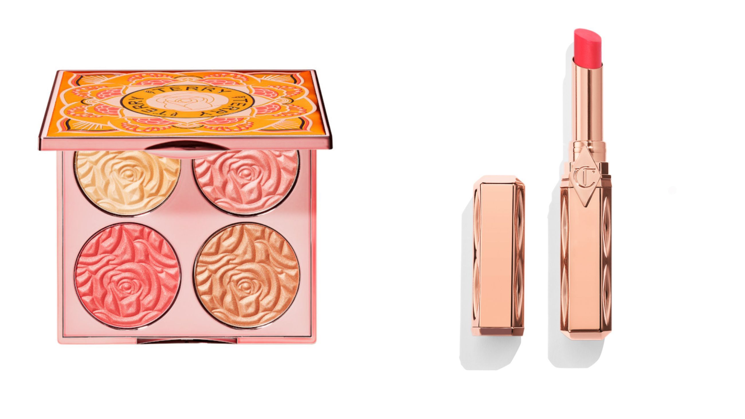 Da sinistra: By Terry, CC Palette Sunny Flash; Charlotte Tilbury, Pillow Talk Blush Balm Lip Tint – Courtesy Press Office