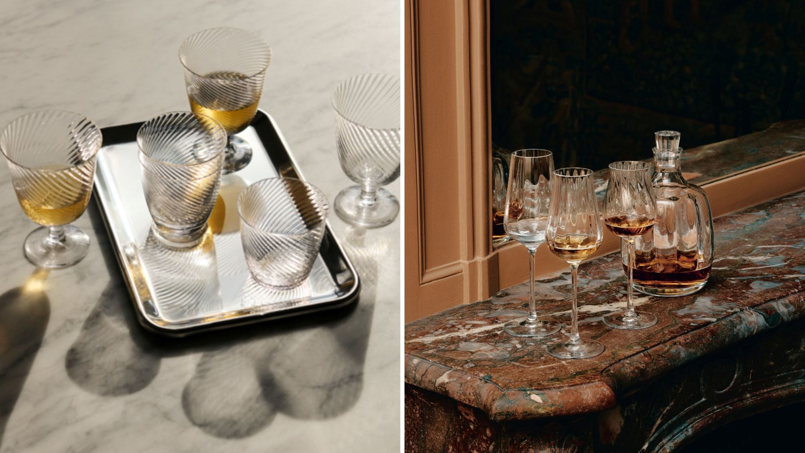 Bicchieri Collect. Texture morbide, luce liquida; Set Twist 1586. Cristallo in movimento - Credits: Courtesy&Tradition; Courtesy Saint-Louis