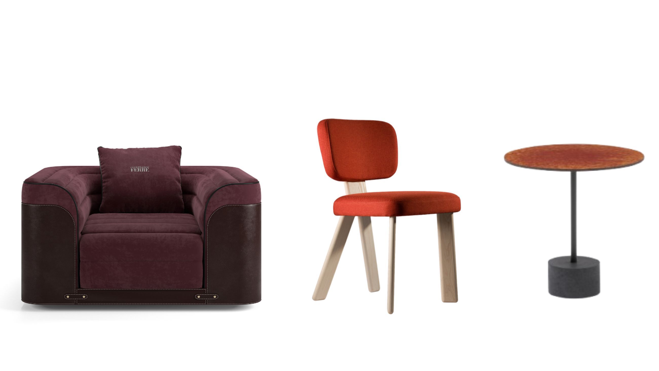 Da sinistra: Collezione Cult Classics, Gianfranco Ferré Home - Courtesy Gianfranco Ferré Home; Sedia Nuy, et al. - Courtesy et al.; Stelo Collection, FAST - Courtesy Mattia Toselli