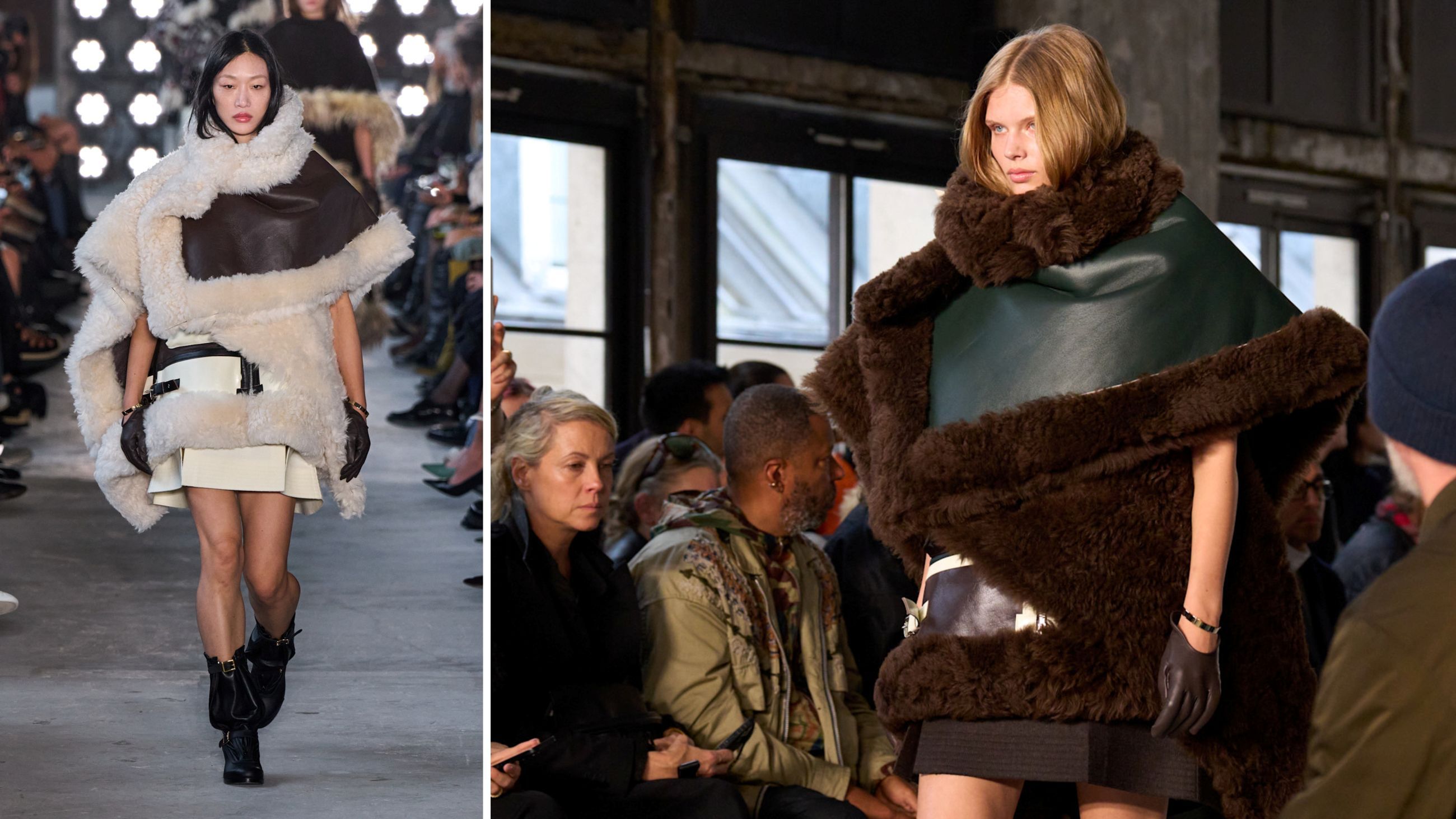 Due mises dalla sfilata di Sacai FW2526, in cui le cappe in montone sono protagoniste - Credits: Launchmetrics.com/Spotlight