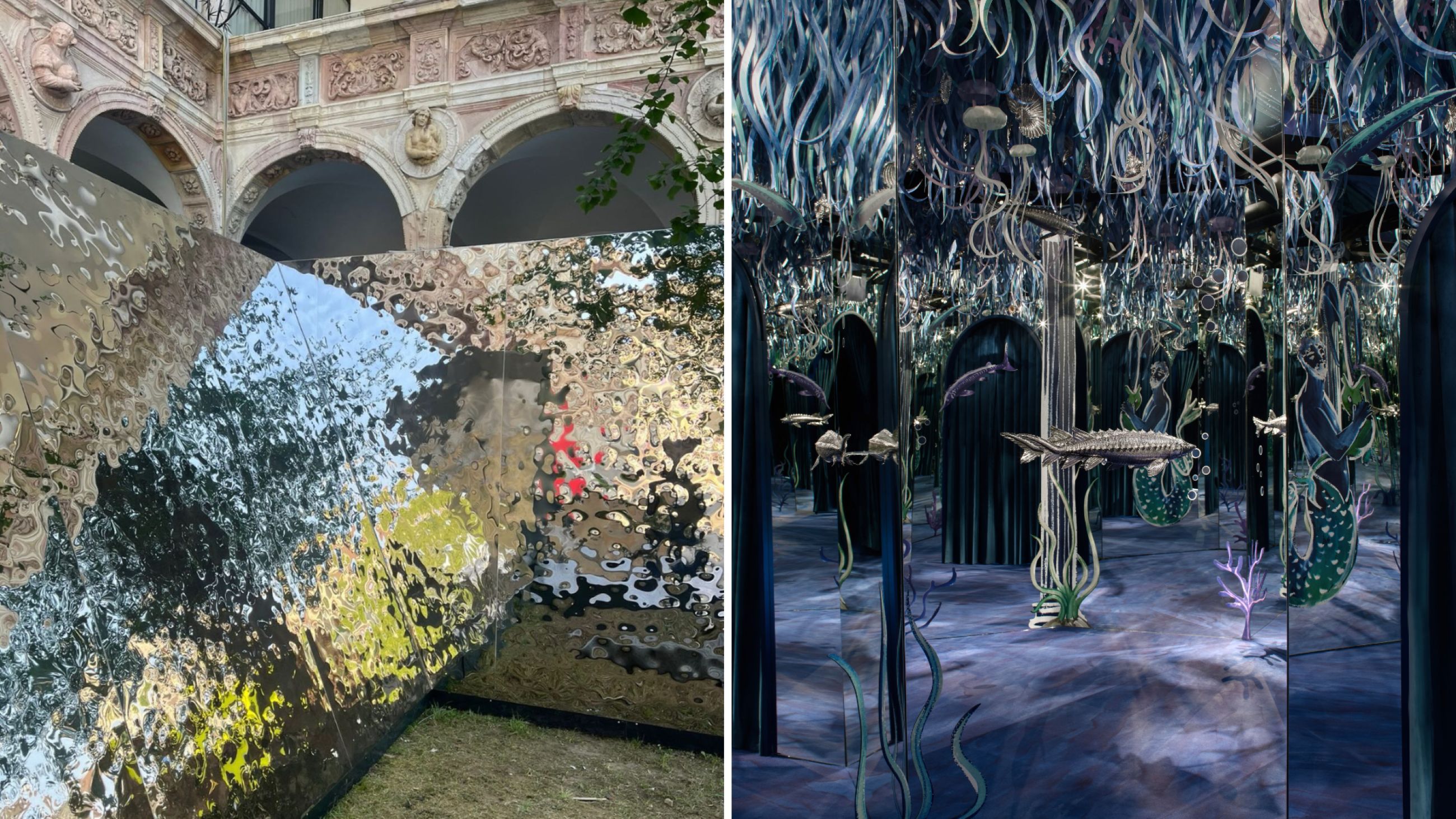 A sinistra: Ad Aquam 2026 Reflections, Rubinetterie Treemme, progetto Q-BIC; a destra: Aquae Mirabiles, Buccellati - Courtesy Giulio Ghirardi