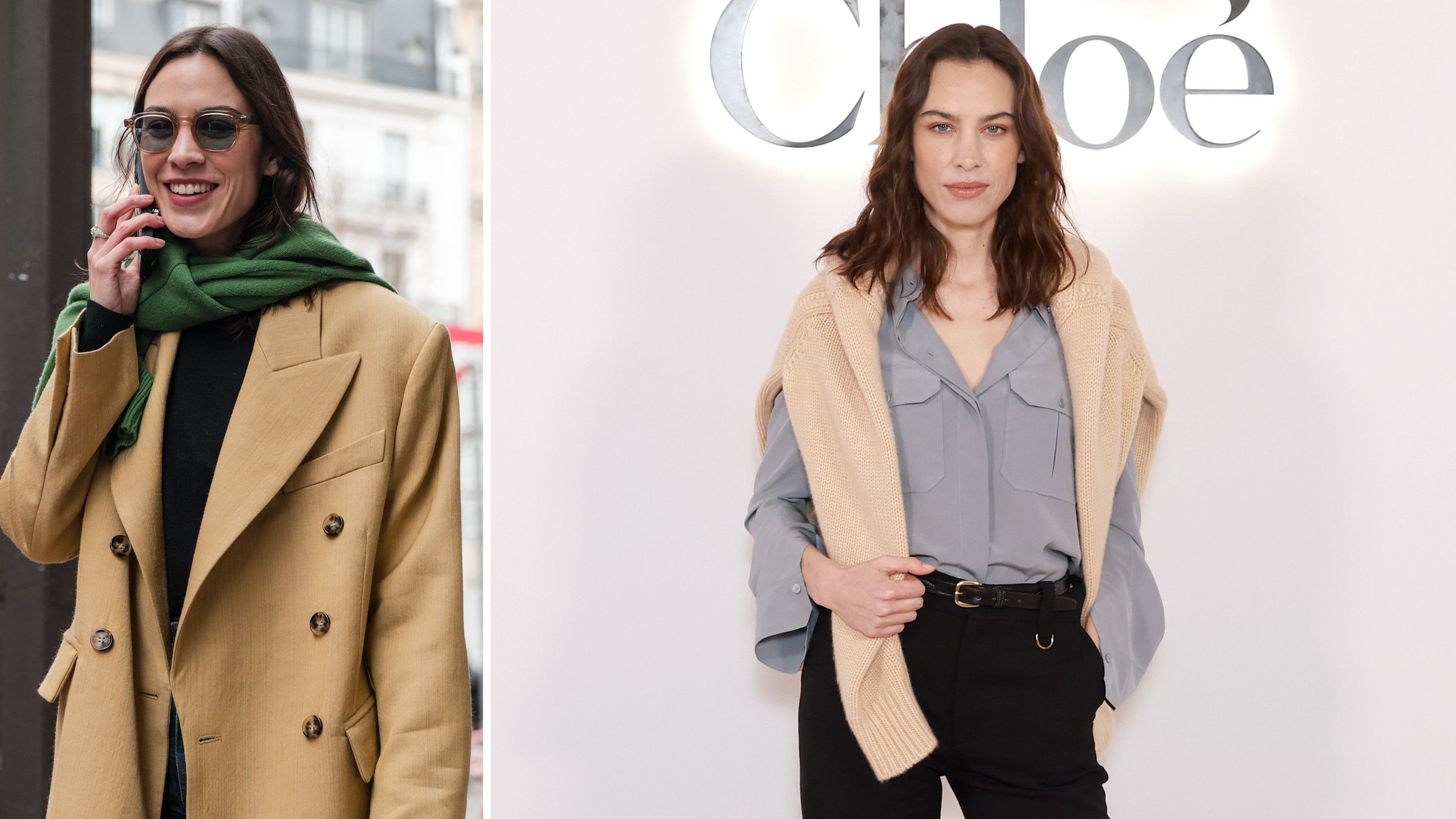 Da sinistra, Alexa Chung durante la Paris Fashion Week FW24-25, fuori dalla sfilata del brand The Row, con indosso un golfino sopra un cappotto, 2024; a destra, la presentatrice è ospite alla sfilata di Chloe FW24-25 e non rinuncia al maglioncino sulle spalle come dettaglio di stile, 2024 - Credits: Getty