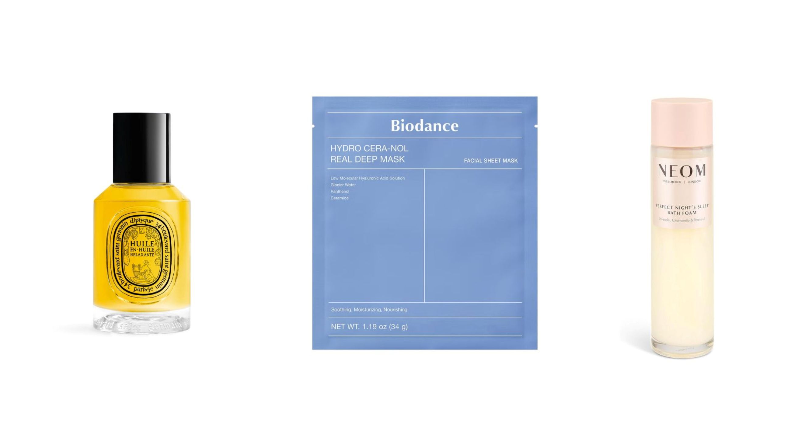 Diptyque, Huile En Huile Relaxante; Biodance, Hydro Cera-Nol Real Deep Mask; Neom, Perfect Night Sleep Bath Foam - Credits: Courtesy Press Office 