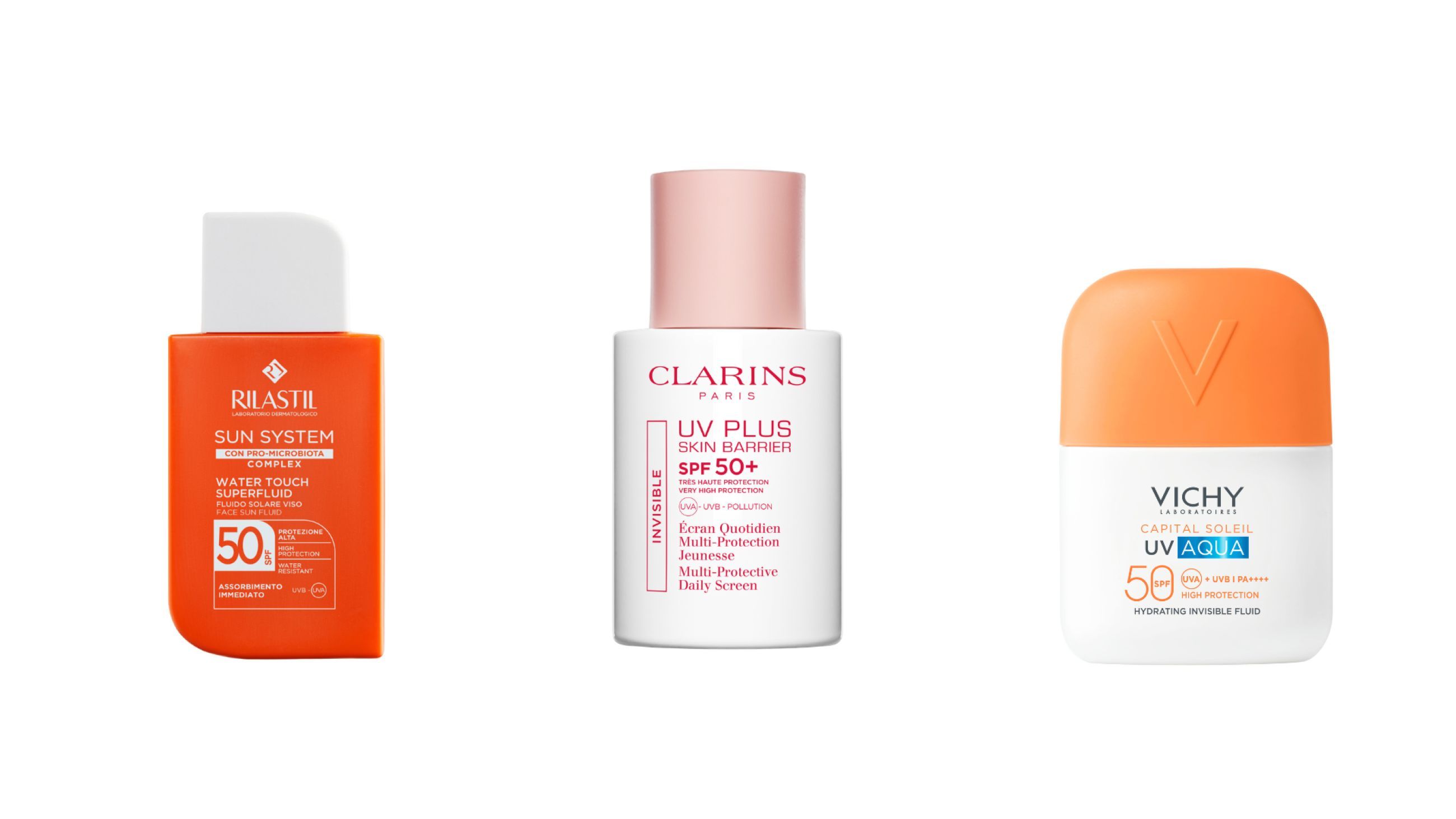 Da sinistra: Rilastil, Sun System Water Touch Superfluid SPF50; Clarins, UV Plus SPF50; Vichy, Capital Soleil UV Aqua SPF50 - Courtesy Press Office