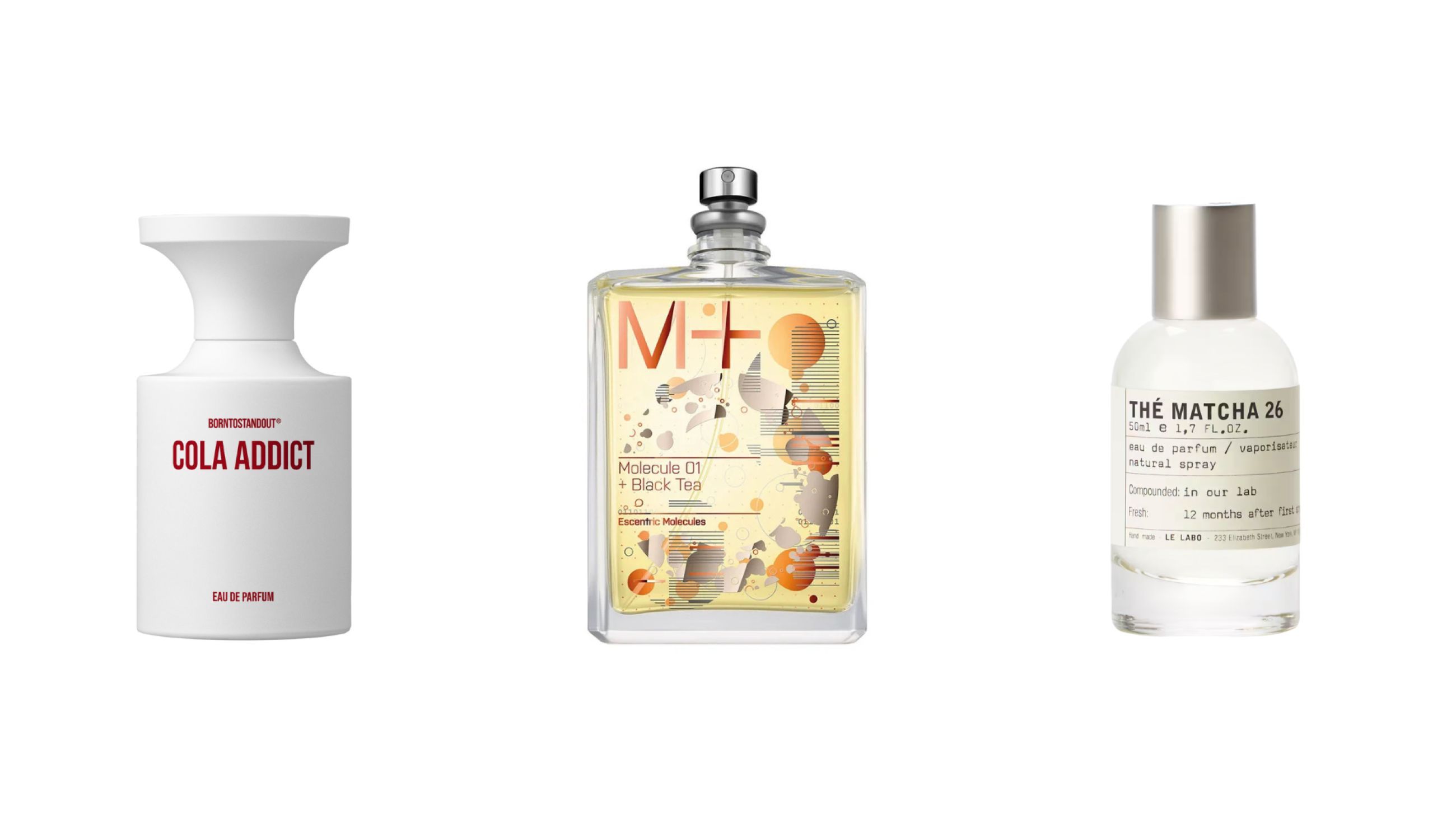 Da sinistra: Borntostandout, Cola Addict; Escentric Molecule, Molecule 01 + Black Tea; Le Labo, Thé Matcha - Courtesy Press Office
