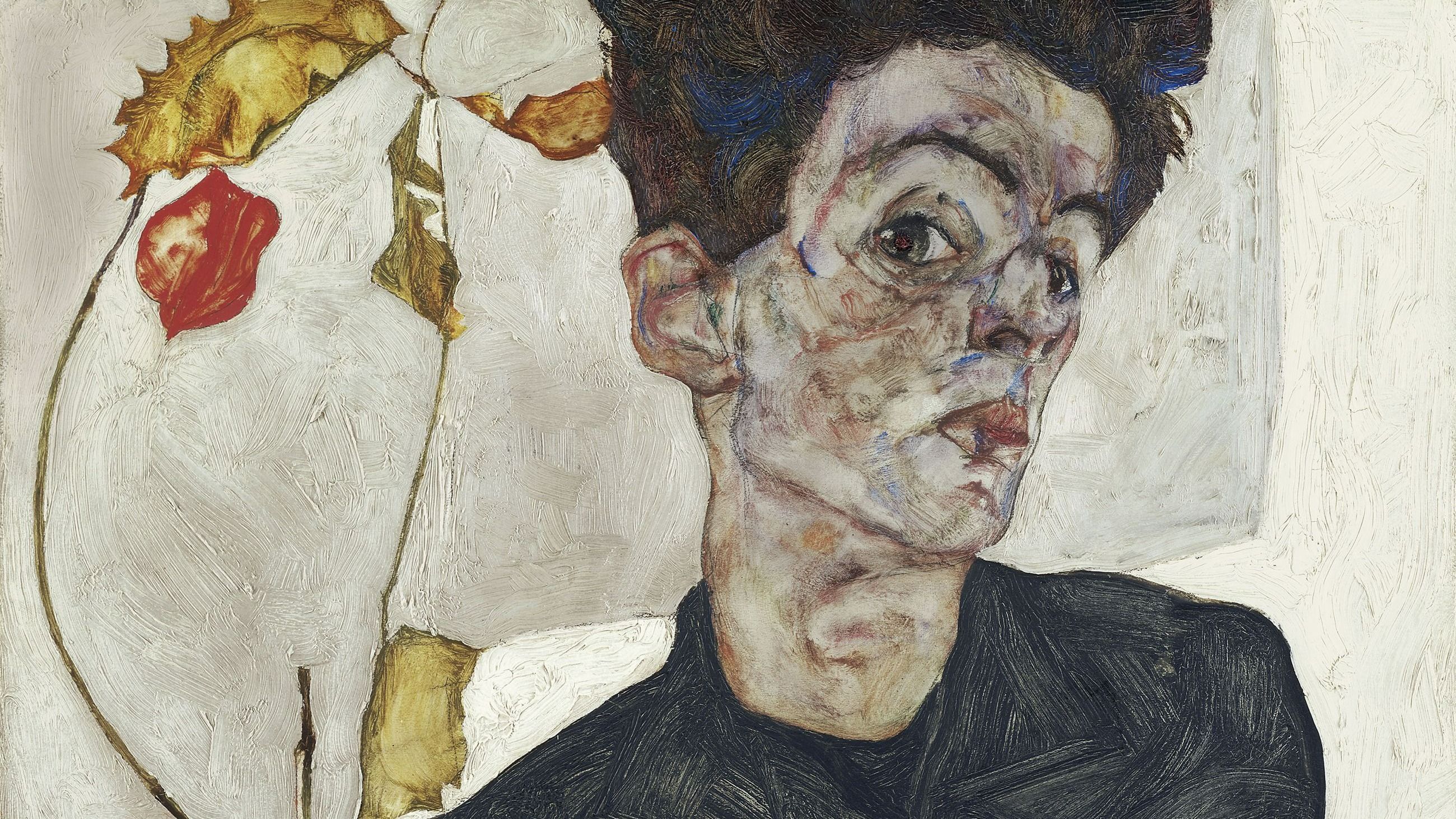 Autoritratto con pianta lanterna cinese di Egon Schiele, 1912. Olio e colori opachi su tavola. 32,4 x 40,2 cm. Conservato al Museo Leopold, Vienna, Austria - Credits Getty Images