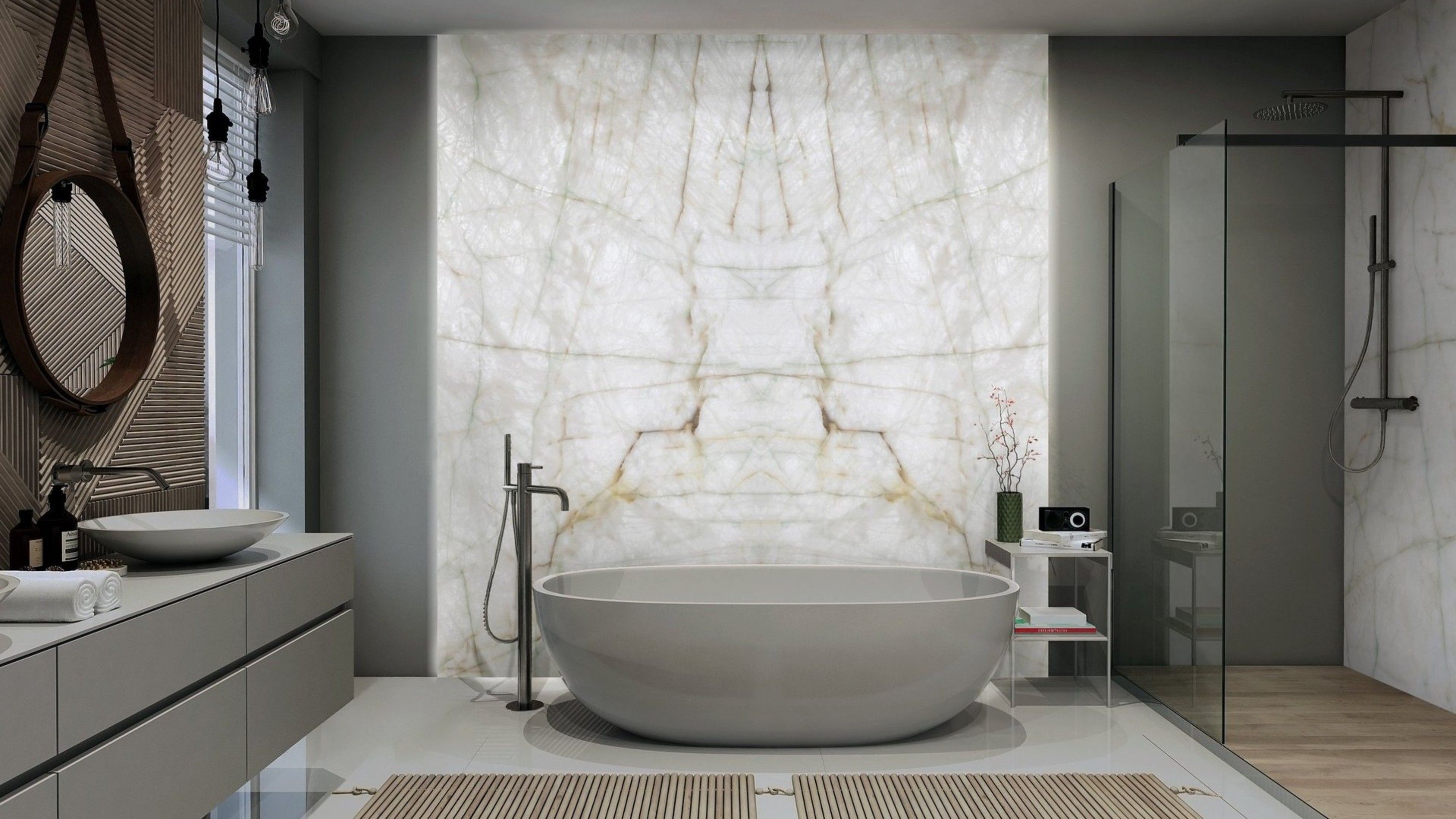 Trasacqua di Antolini un Natural quartz bianco ghiaccio con venature verdi e terrose dal carattere materico e profondo. Courtesy Antolini