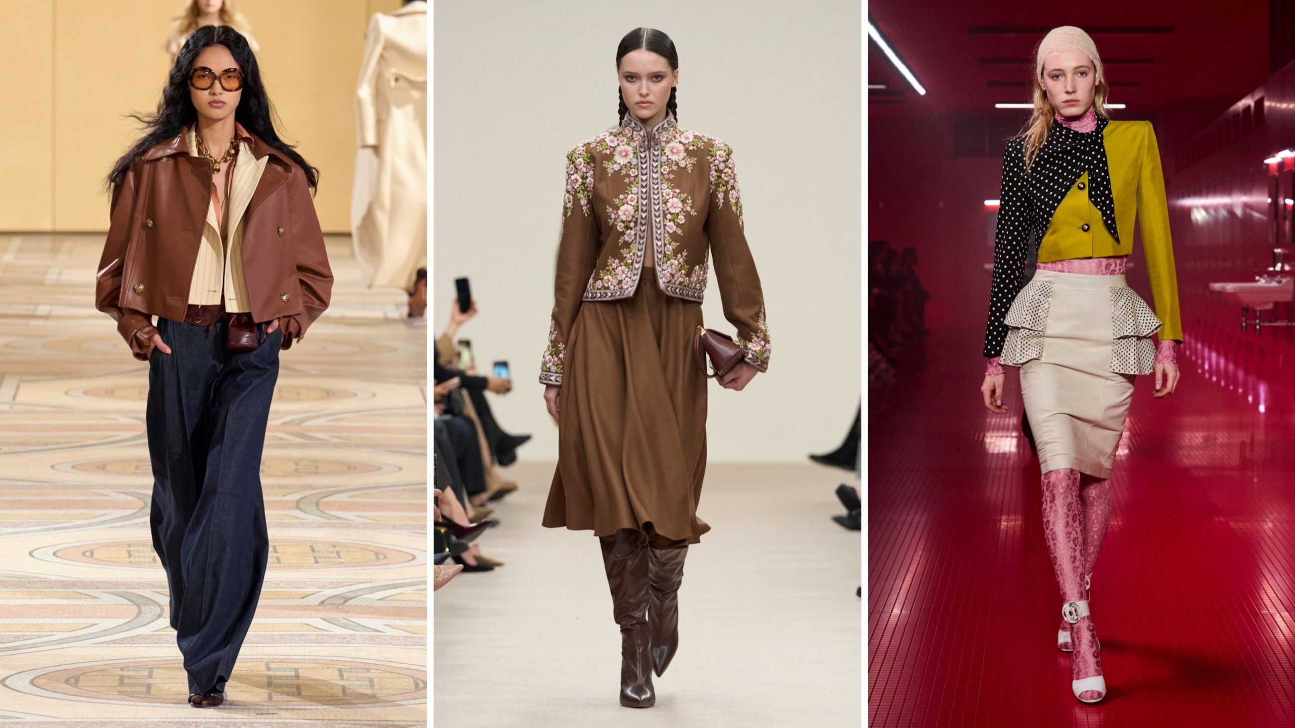 Da sinistra mises con mini-giacche in tonalità calde sfilano nelle collezioni FW2526 di Zimmermann, Michael Cinco e Valentino - Credits: Launchmetrics.com/Spotlight