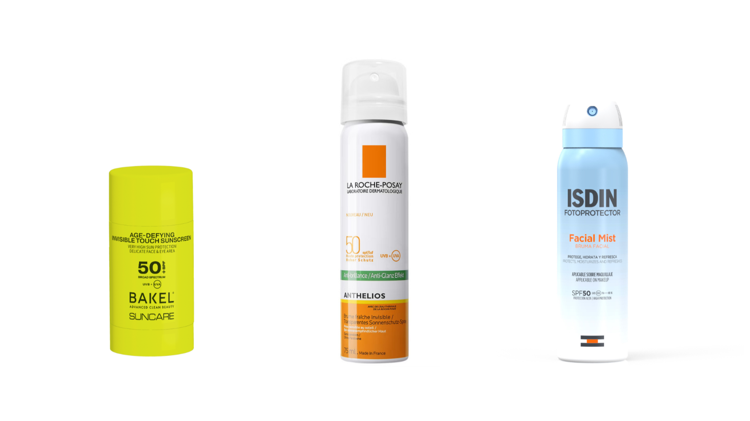 Da sinistra: Bakel Suncare, Invisible Sick; La Roche Posay, Anthelios SPF50 Mist Invisibile; ISDIN, Facial Mist SPF50 - Courtesy Press Office
