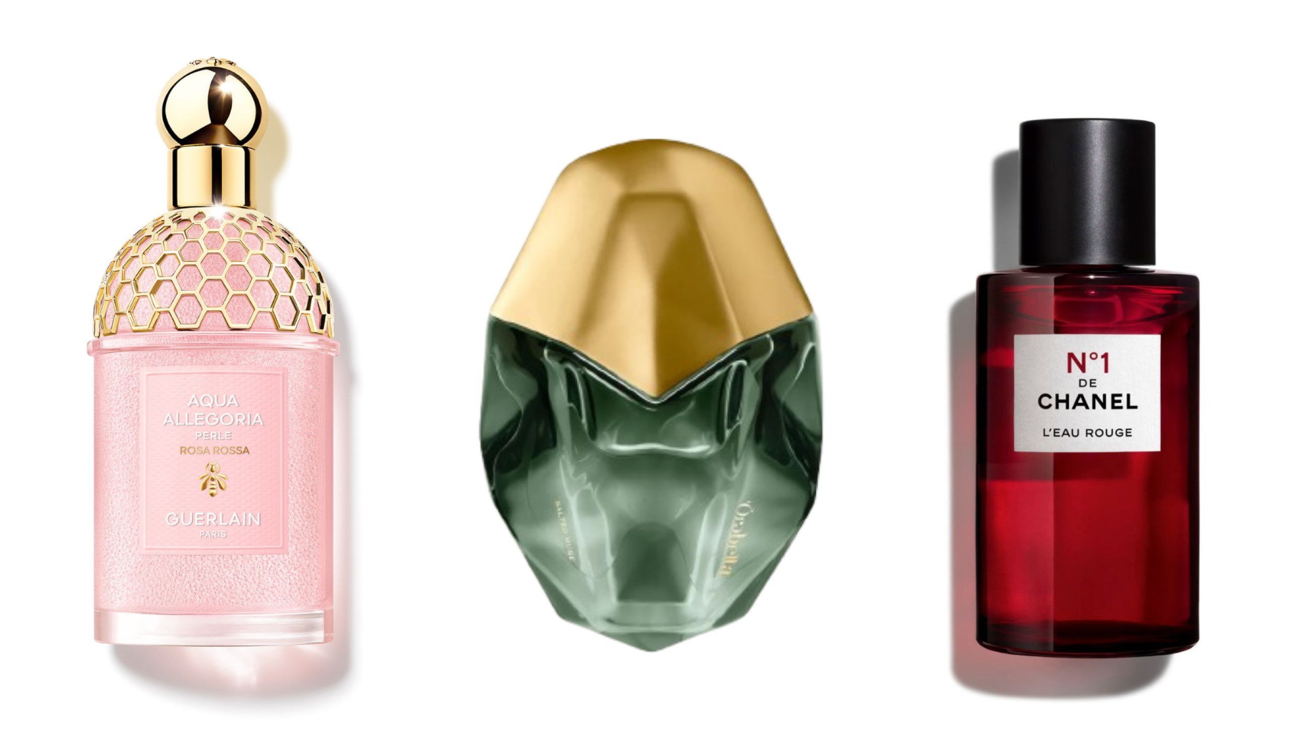Da sinistra: Guerlain, Aqua Allegoria Perle Rosa Rossa; Orebella, salted Muse; Chanel, Nº1 L'Eau Rouge - Courtesy Press Office