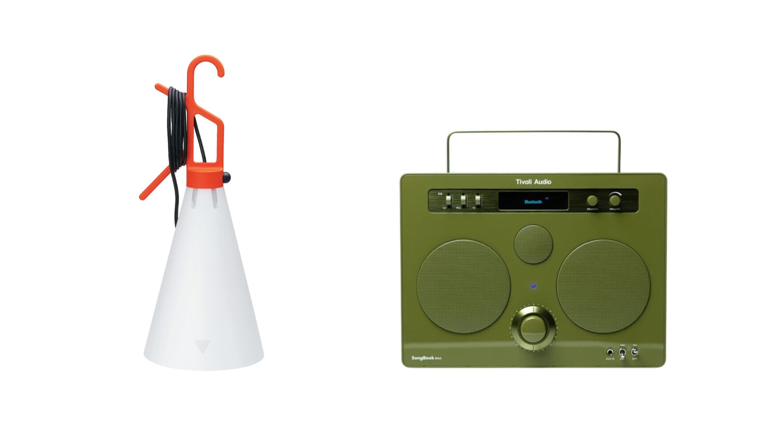 Da sinistra: Lampada Mayday di Flos - Courtesy Flos; Radio SongBook Max di Tivoli Audio - Courtesy Tivoli Audio