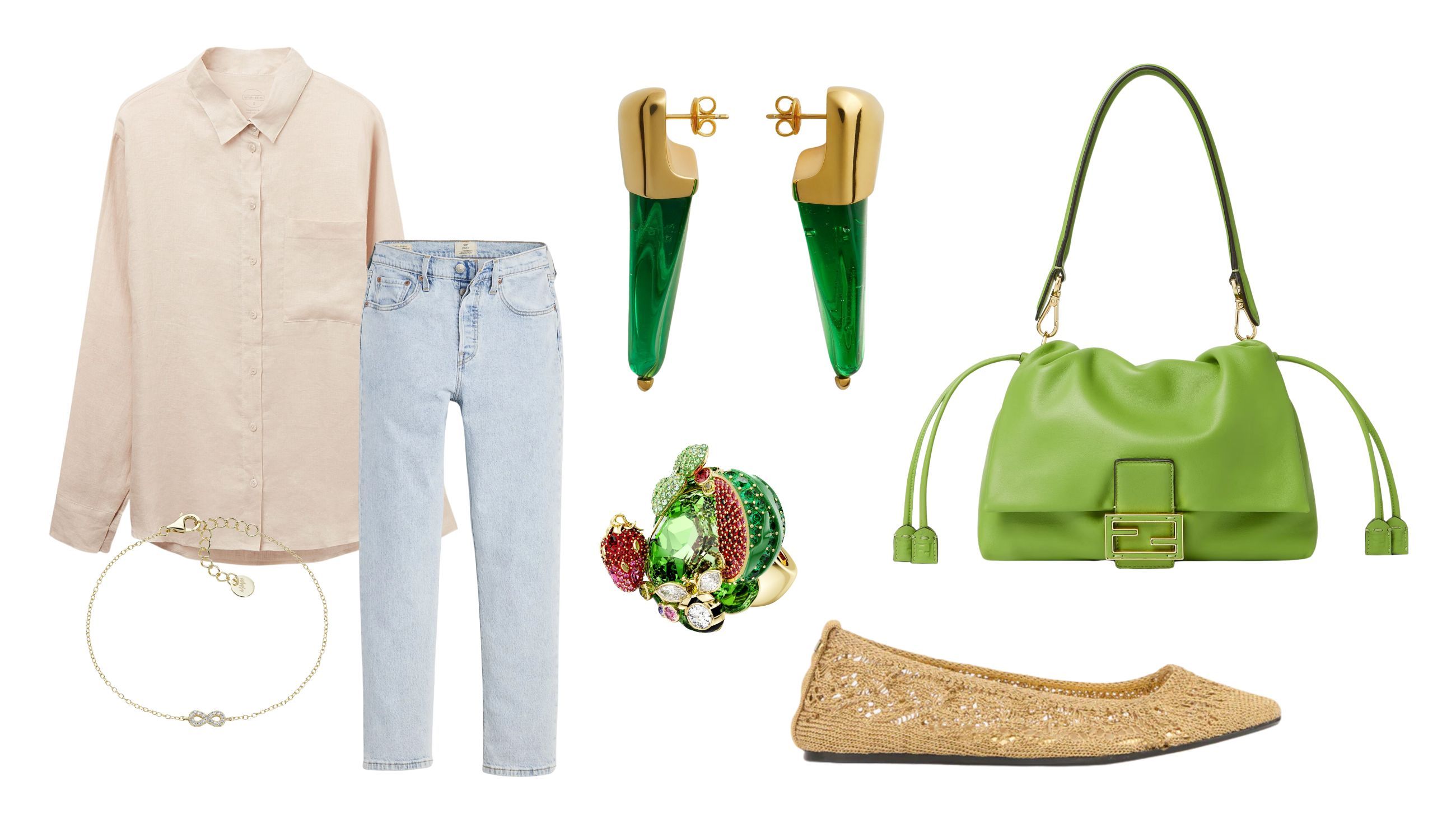 Camicia, Intimissimi; jeans, Levi’s; ballerine, Isabel Marant; borsa, Fendi; orecchini, Bottega Veneta; bracciale, Amen; anello, Swarowski