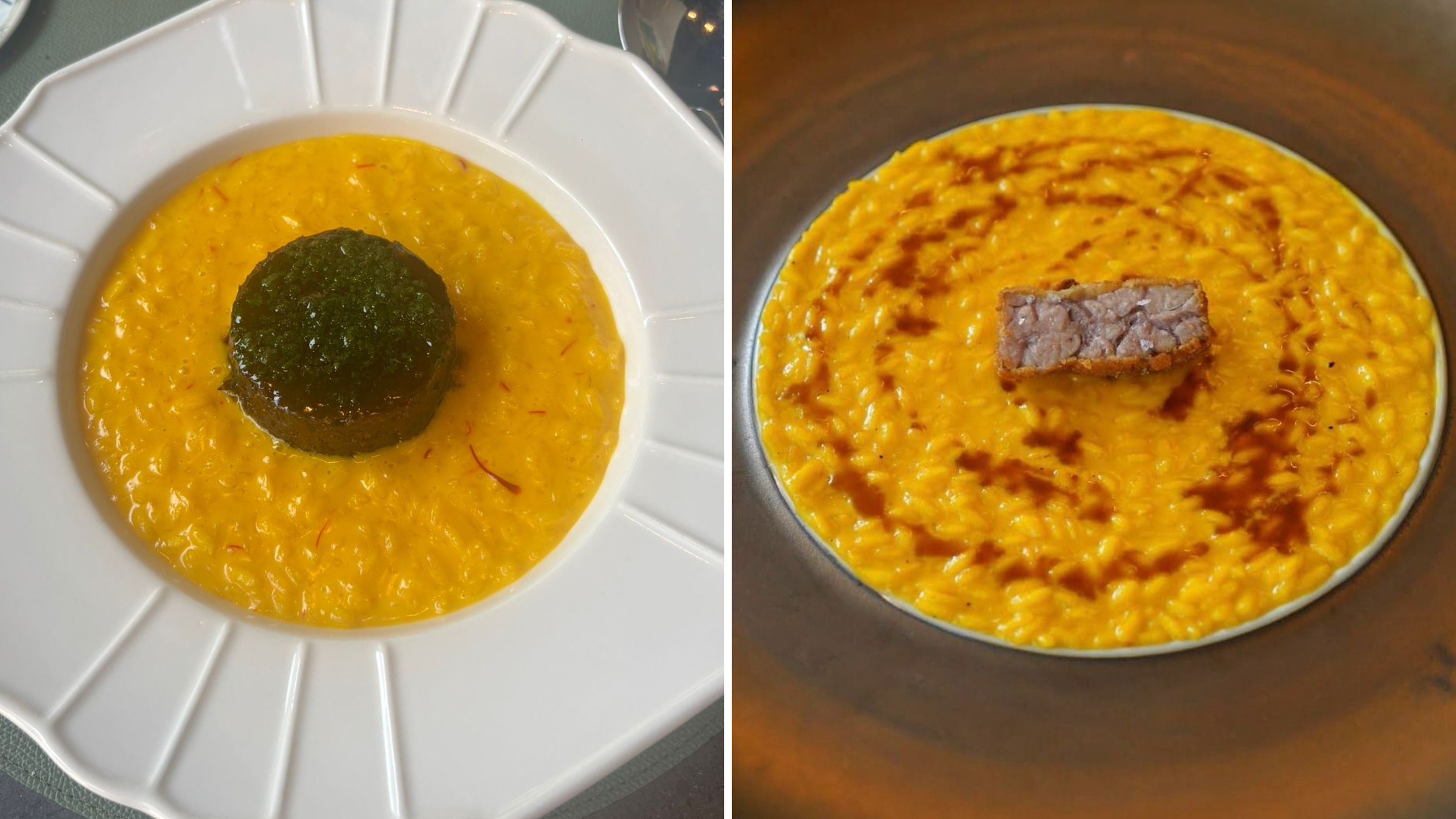 Il risotto “giallo” dello chef 2 stelle Michelin, Andrea Aprea, Carnaroli “Selezione dama”, zafferano, stracotto di manzo e gremolata; il risotto alla milanese con animelle di vitello dello chef una stella Michelin, Andrea Berton
Credit: Ufficio Stampa