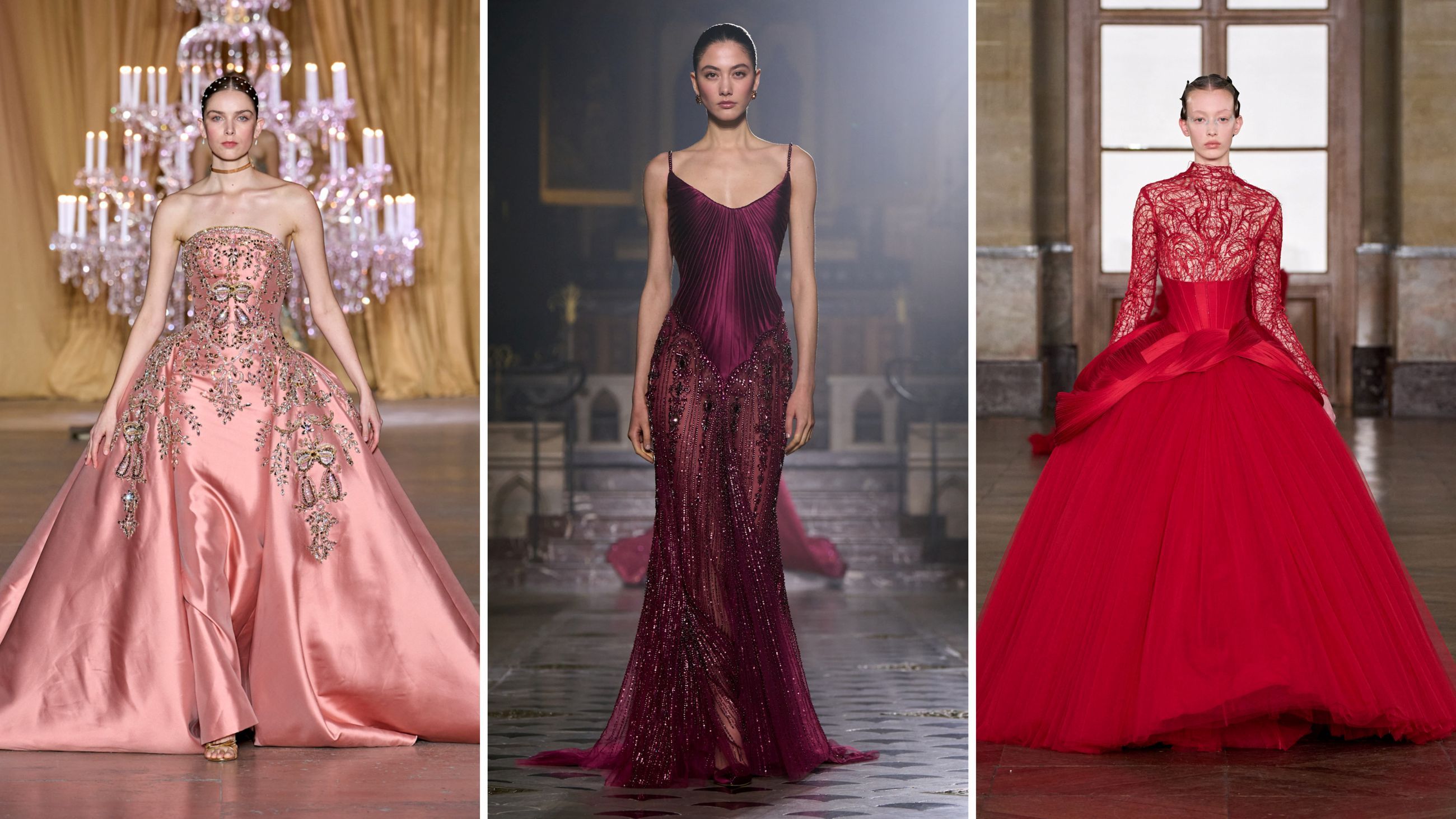 Dalle sfilate Haute Couture PE26: da sinistra, modelli di Zuhair Murad, Georges Hobeika e Gaurav Gupta - Credits: Launchmetrics.com/Spotlight