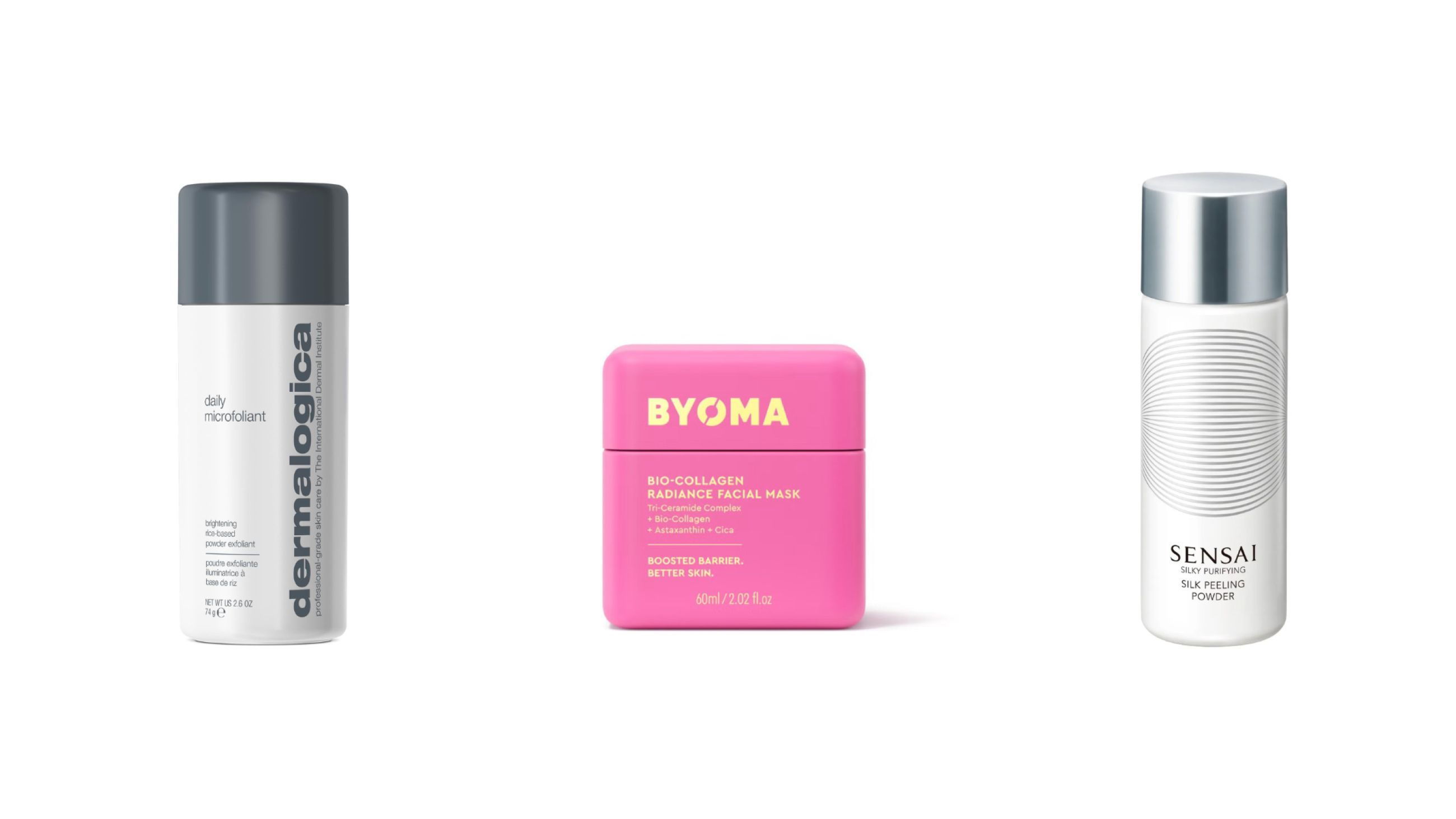 Da sinistra: Daily Microfoliant, Dermalogica Powder Exfoliant; Biodance, Hydro Ceramide Cleansing Powder; Sensai, Silk Peeling Powder - Courtesy Press Office
