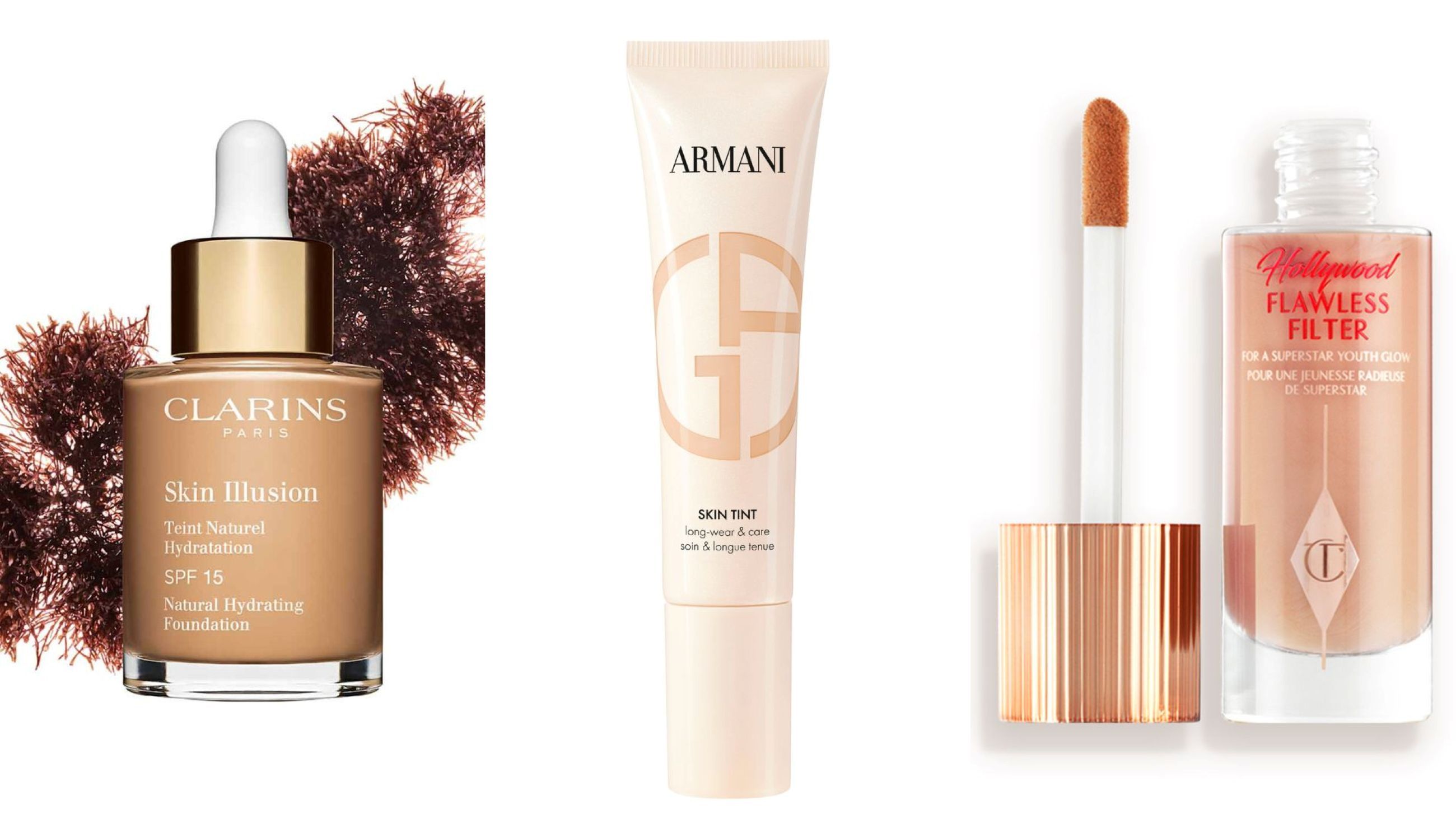 Clarins, Skin Illusion Foundation; Armani, Skin Tint; Charlotte Tilbury, Hollywood Flawless Filter - Credits: Courtesy Press Office